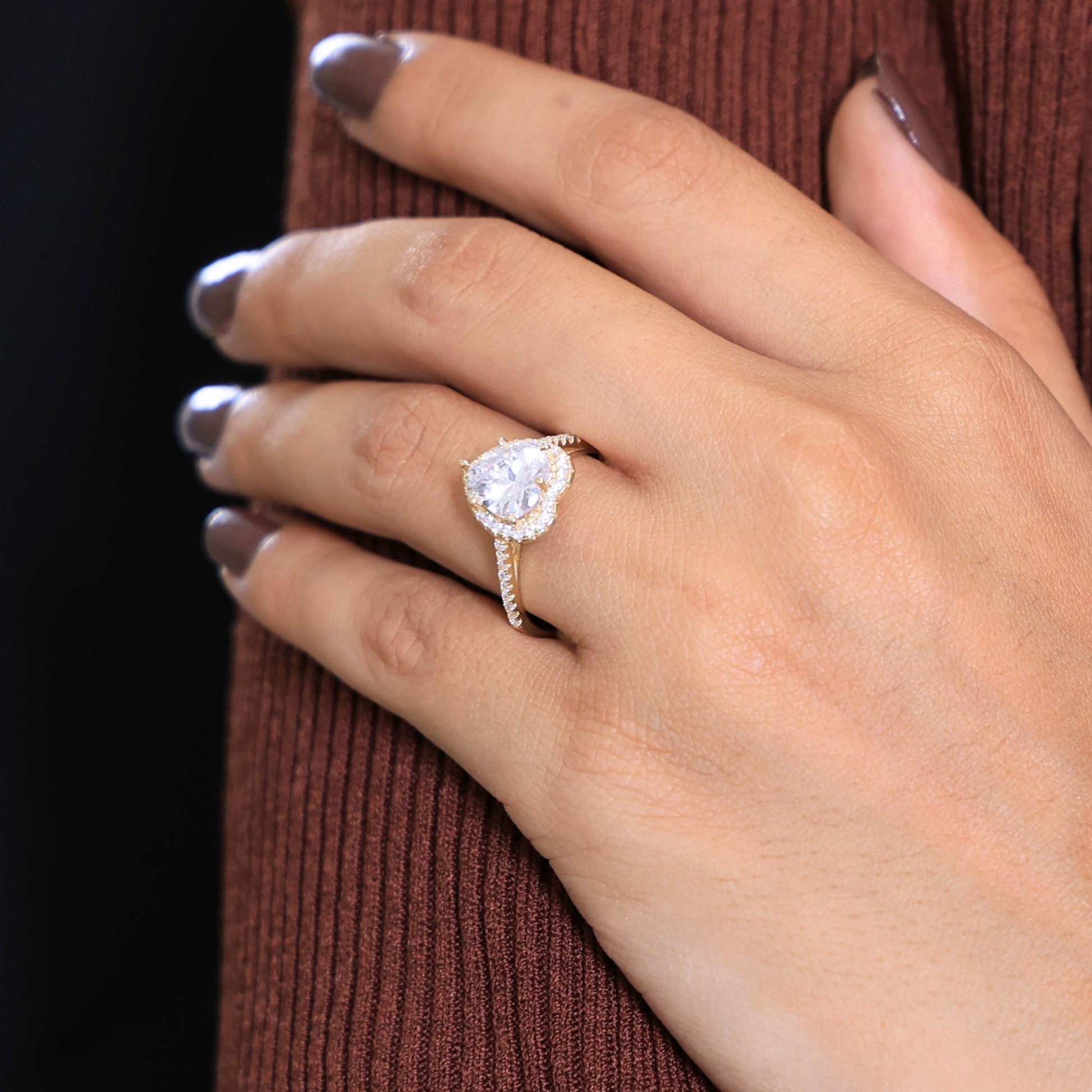 Classic Heart Halo Cathedral Pavé Band Engagement Ring in Lab Grown Diamond – 14k Solid Gold, Everyday Ring For Bridal - Shoora Designs