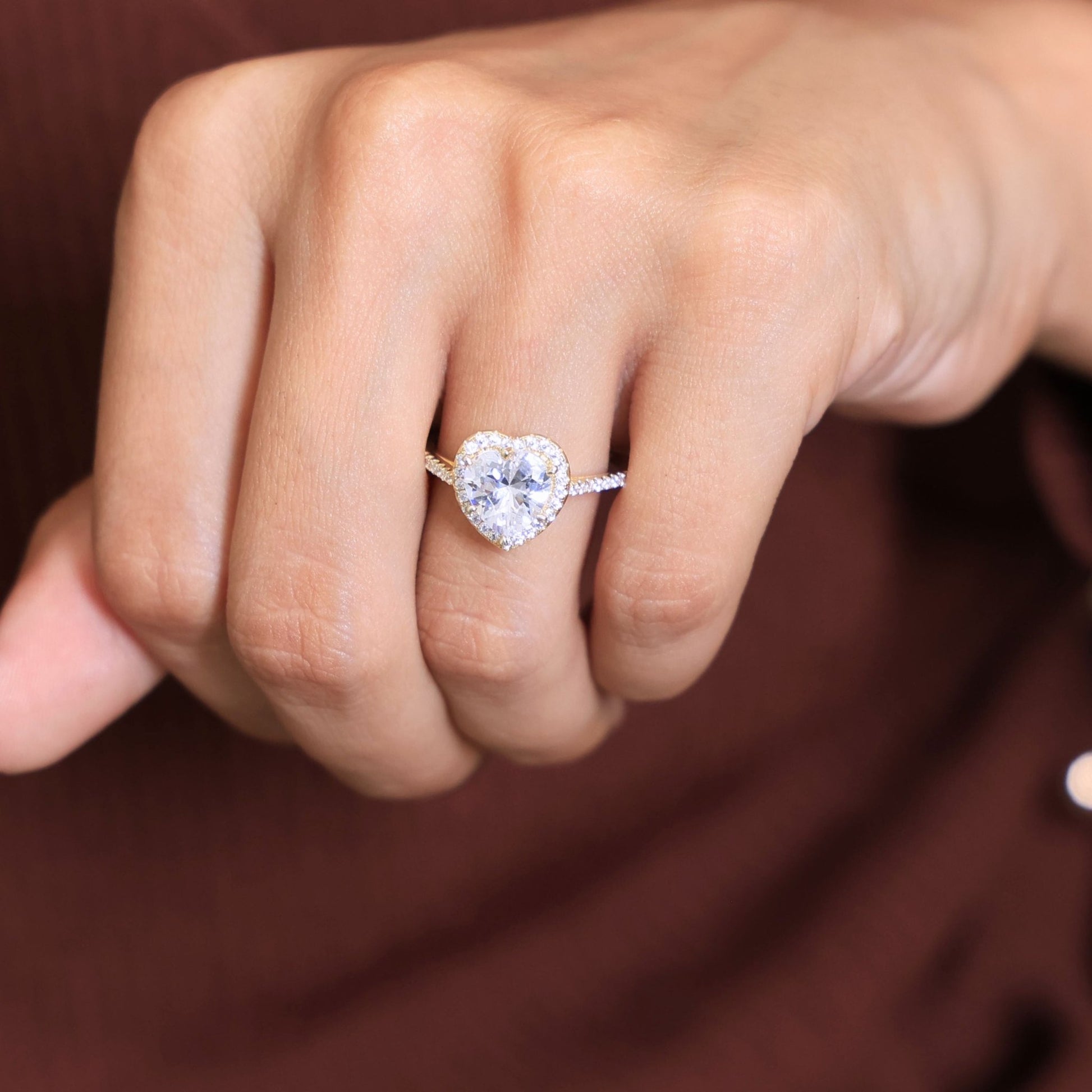 Classic Heart Halo Cathedral Pavé Band Engagement Ring in Lab Grown Diamond – 14k Solid Gold, Everyday Ring For Bridal - Shoora Designs