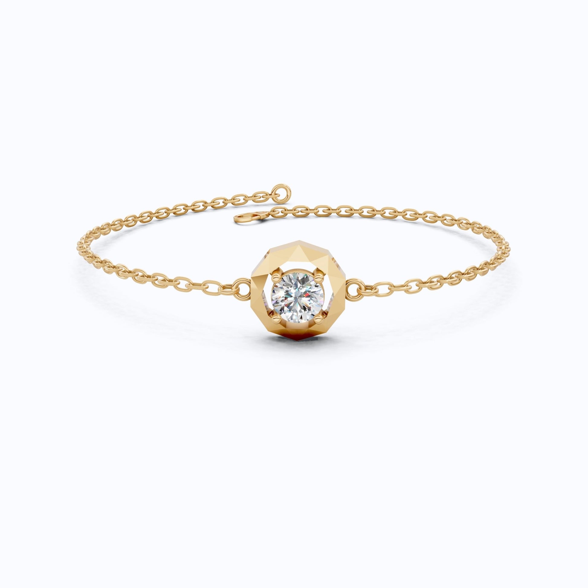 Classic Octagon Shaped Bezel Setting Solitaire Chain Bracelet in 14k Solid Gold, 0.30 CT Round Cut Lab Grown Diamond, Anniversary Gift For Women, Everyday Bracelet - Shoora Designs