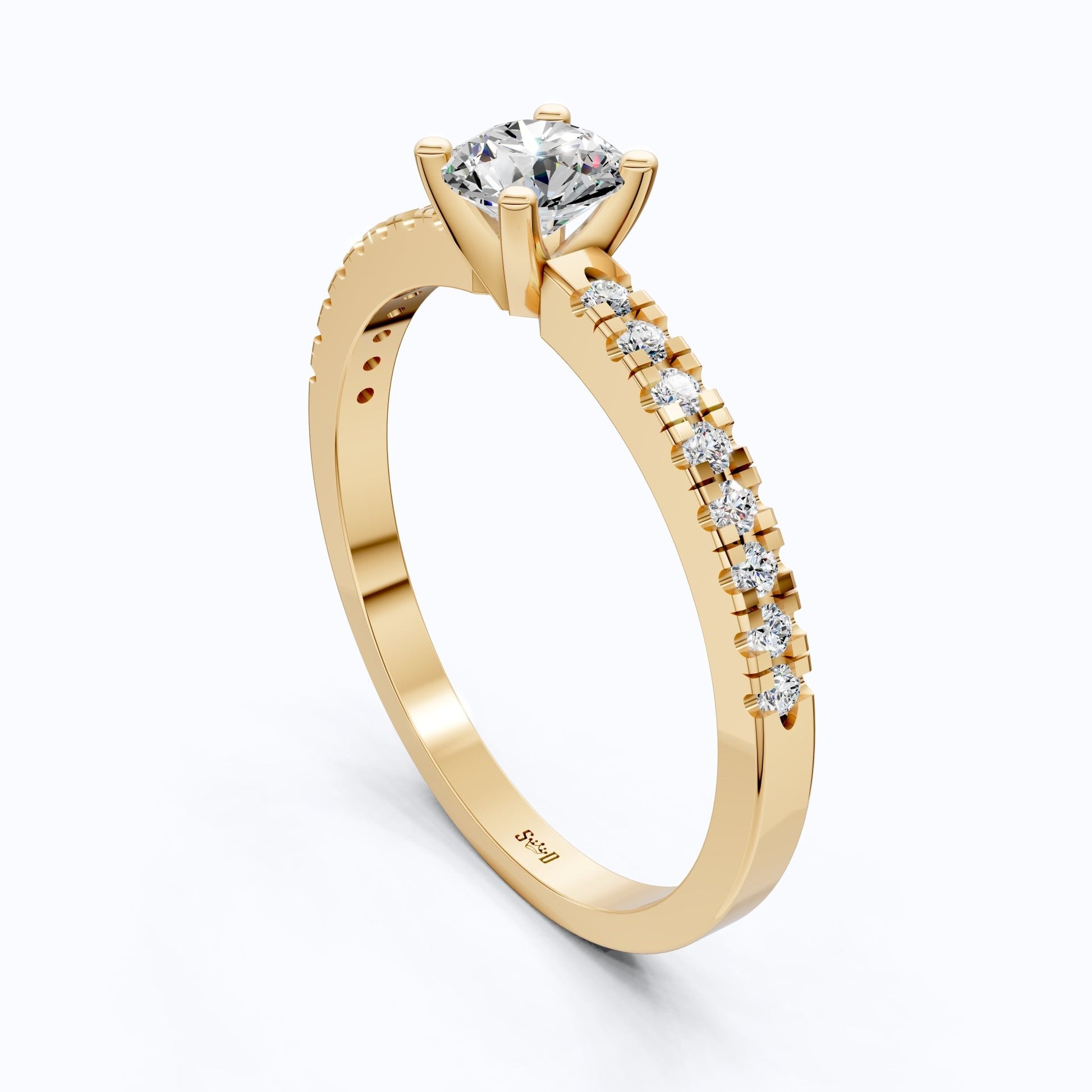 Classic Pavé Solitaire Engagement in 14K Solid Gold, 0.35 CT Round Cut Lab Created Diamond, Handmade Bridal Jewelry, Engagement Gift for Her - Shoora Designs