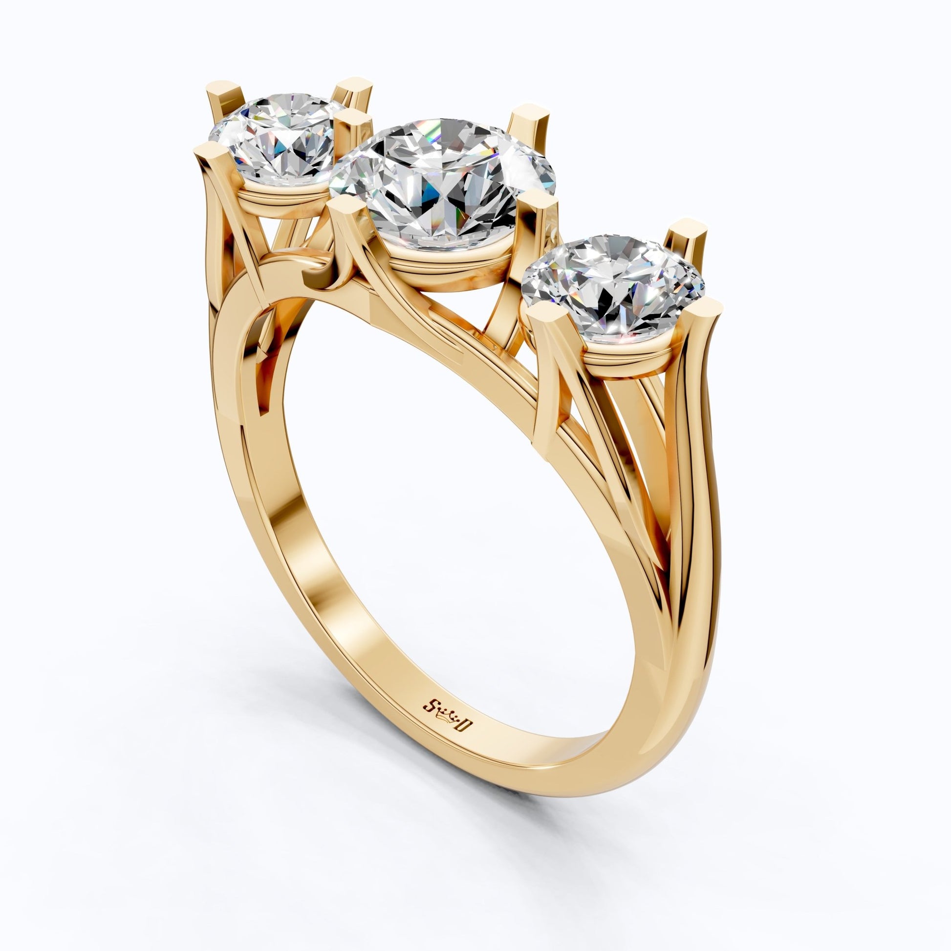 Classic Three Stone Ring with Round Cut Trio in Moissanite or Lab Grown Diamond – 9k/14k Solid Gold or Sterling Silver Engagement Ring Gift - Shoora Designs