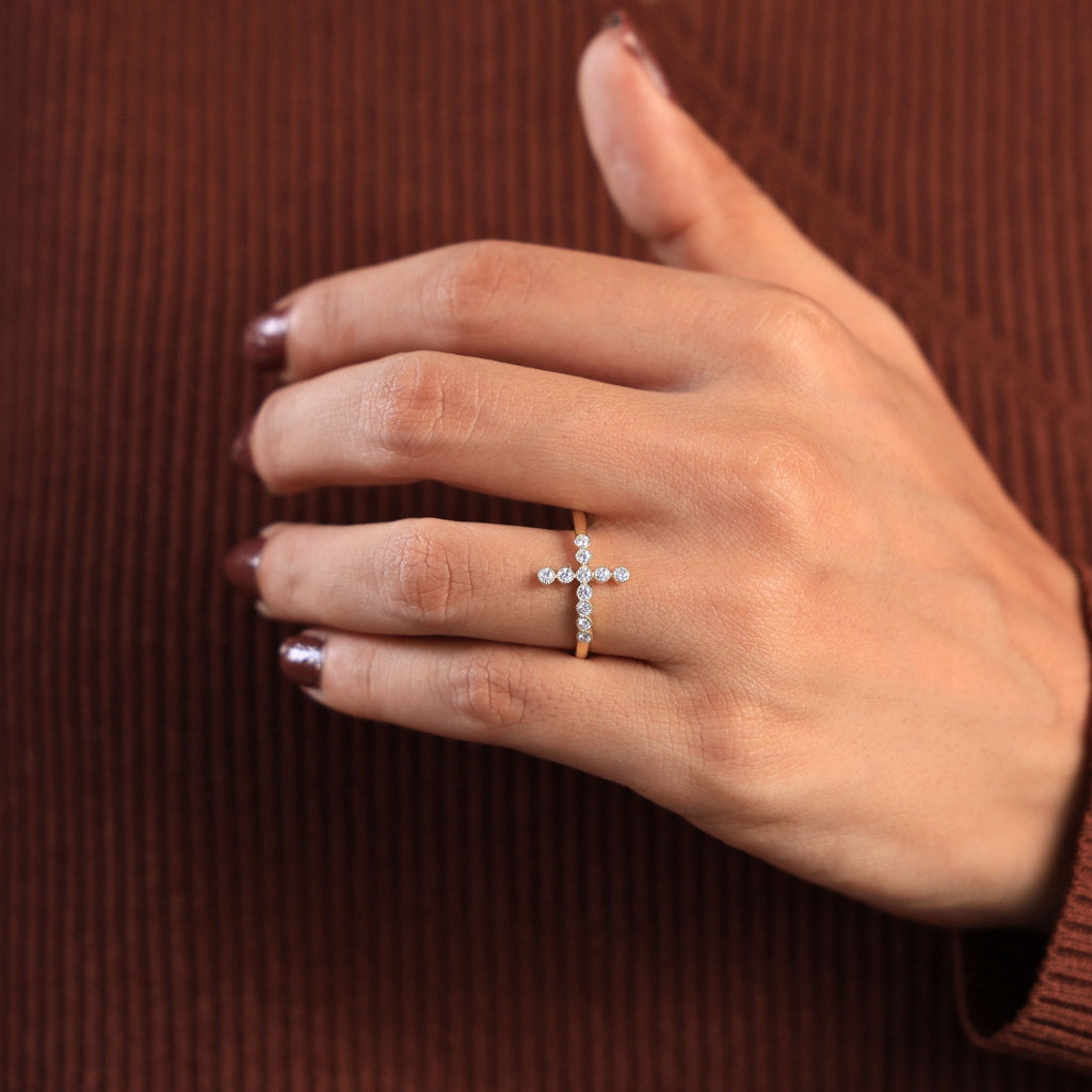 Contemporary Cross Accent Engagement Ring in 14K Solid Gold, 0.24 TCW Round Cut Lab Diamonds, Wedding Gift, Everyday Jewelry - Shoora Designs