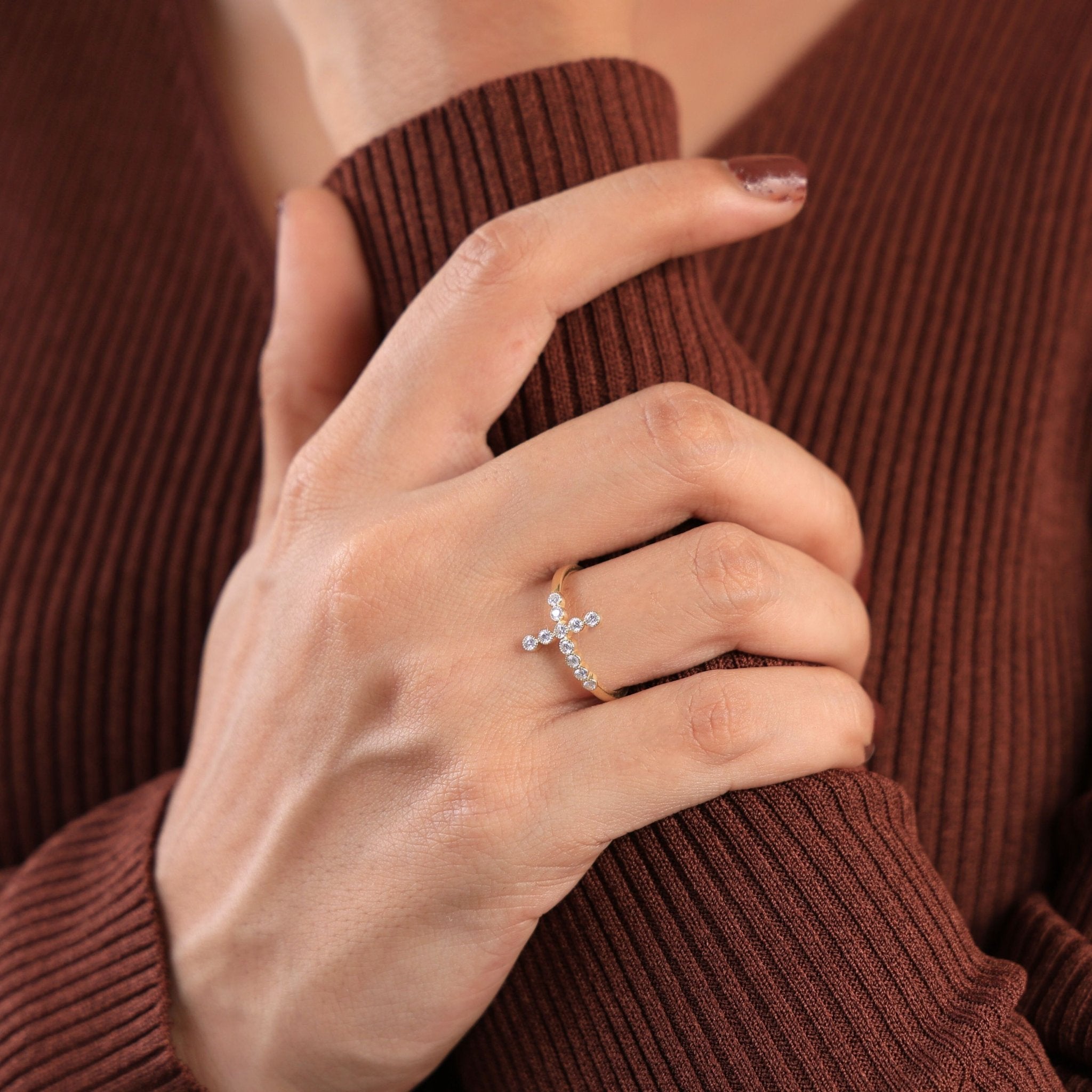 Contemporary Cross Accent Engagement Ring in 14K Solid Gold, 0.24 TCW Round Cut Lab Diamonds, Wedding Gift, Everyday Jewelry - Shoora Designs