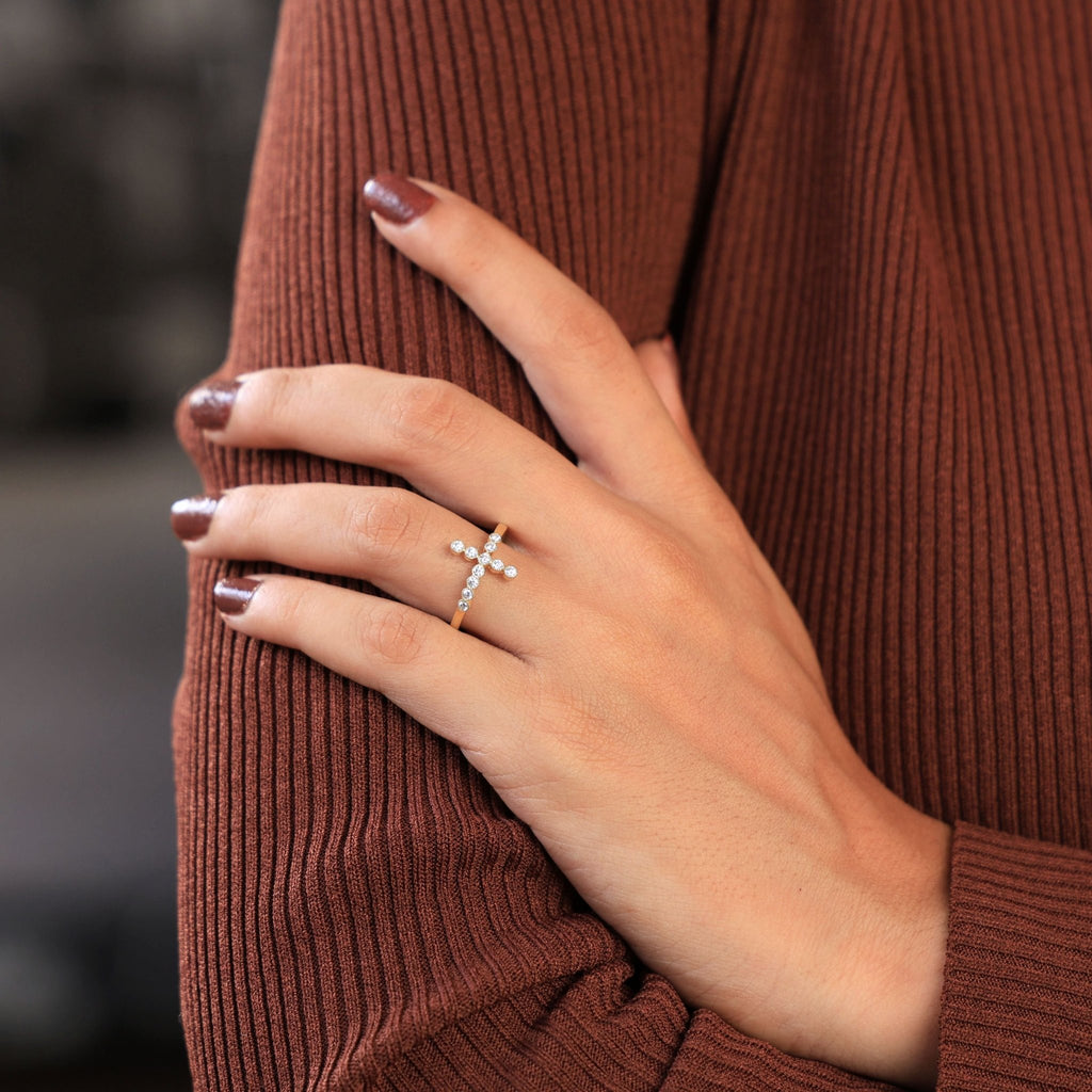 Contemporary Cross Accent Engagement Ring in 14K Solid Gold, 0.24 TCW Round Cut Lab Diamonds, Wedding Gift, Everyday Jewelry - Shoora Designs