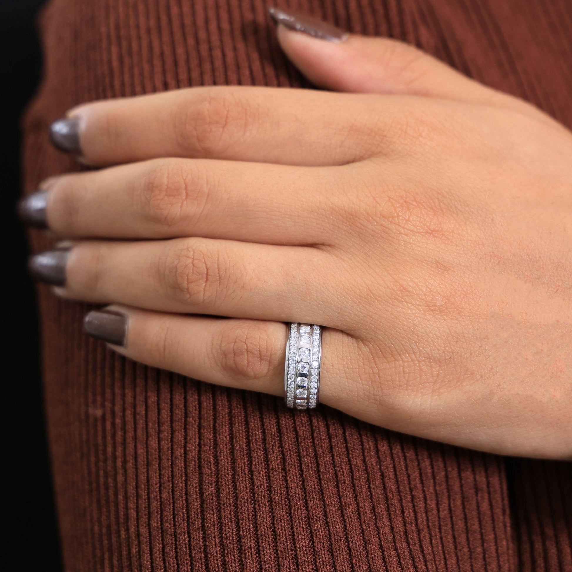 Contemporary Triple Row Eternity Wedding Band in 14K Solid Gold, 1.89 TCW Round Cut Lab Grown Diamonds, Promise Ring, Bridal Jewelry, Everyday Ring - Shoora Designs