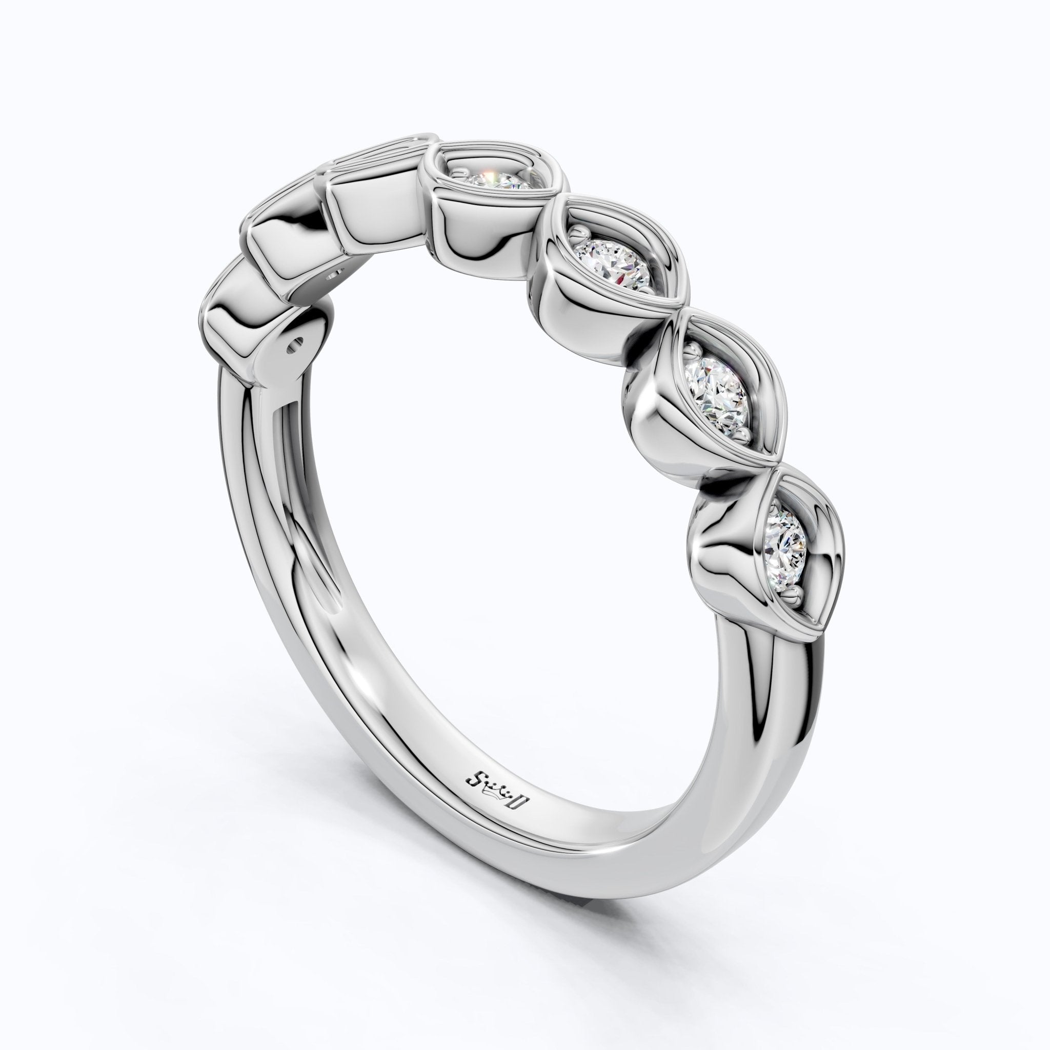 Contoured Marquise Bezel Station Engagement Ring in Lab Grown Diamond – 14k Solid Gold, Wedding Band, Bridal Jewelry Gift - Shoora Designs