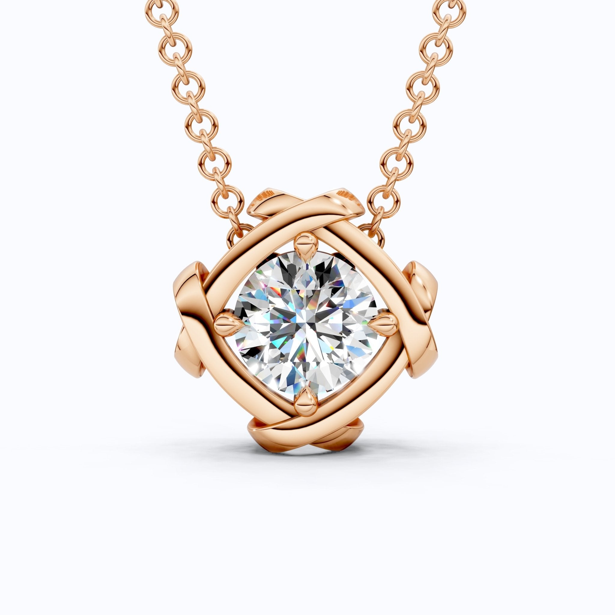 Criss Cross Round Solitaire Pendant in 14k Solid Gold, 1.32 CT Round Cut Lab Grown Diamond, Anniversary Gift for Wife, Wedding Jewelry - Shoora Designs