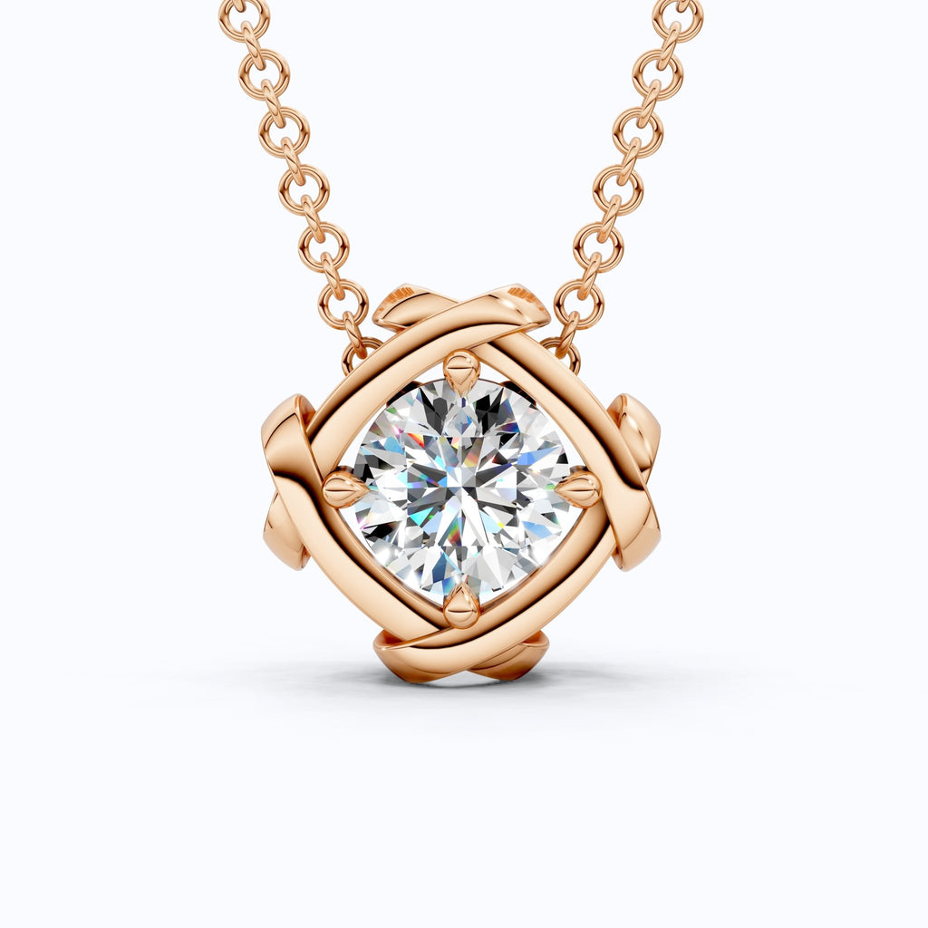 Criss Cross Round Solitaire Pendant in 14k Solid Gold, 1.32 CT Round Cut Lab Grown Diamond, Anniversary Gift for Wife, Wedding Jewelry - Shoora Designs