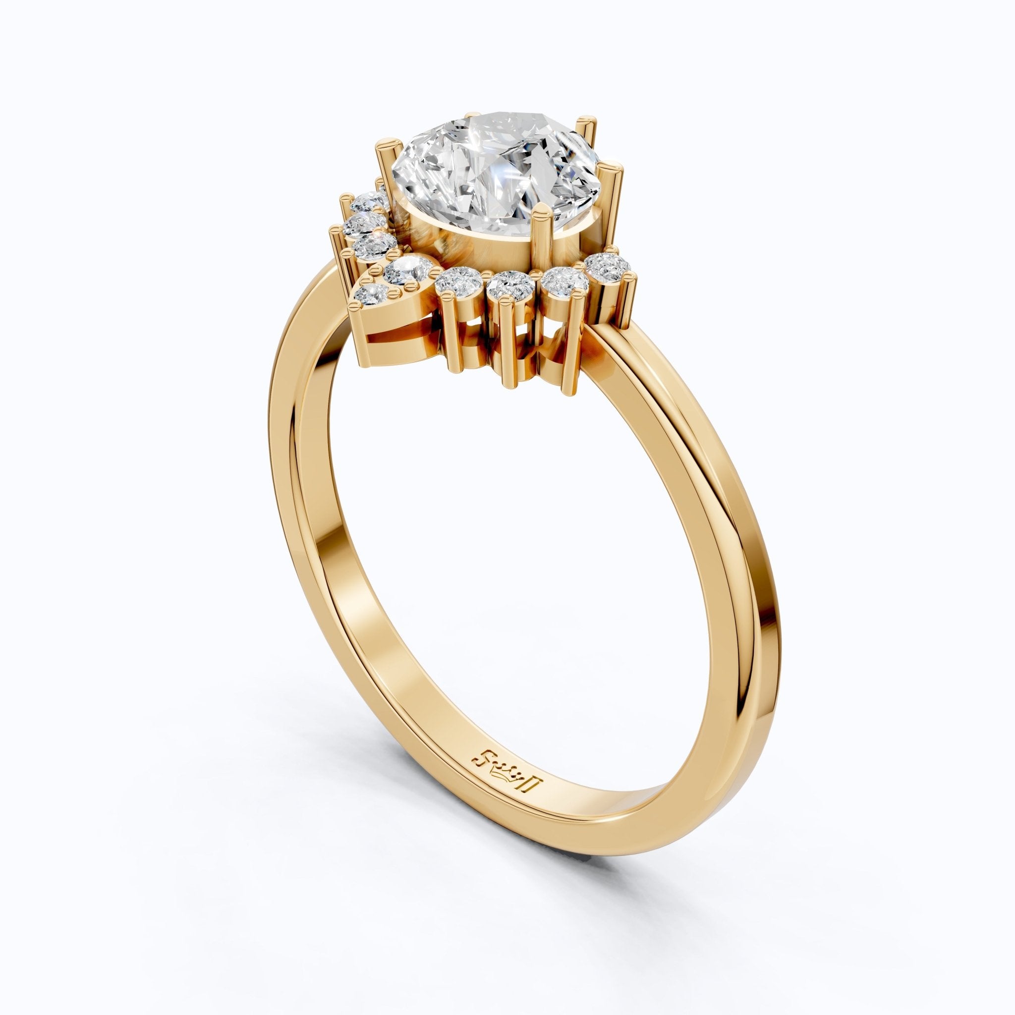 Crown Halo Pear Cut Cluster Engagement Ring in 18K Solid Gold, 0.95 TCW Lab Diamond Unique Wedding Bridal Jewelry, Anniversary Gift for Women - Shoora Designs