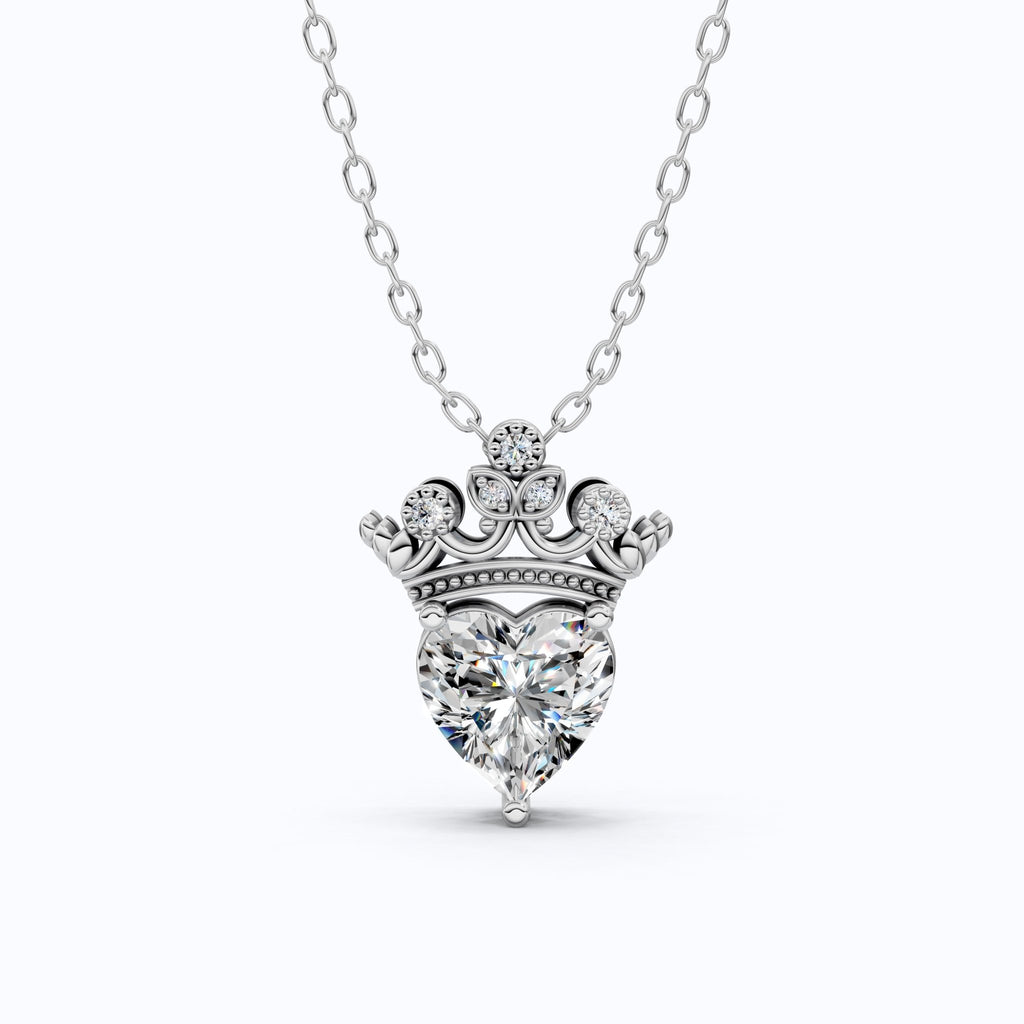 Crown Heart Solitaire Pavé Accents Wedding Pendant in 14k Solid Gold, 2.00 CT Heart Cut Lab Grown Diamond, Handmade Everyday Pendant - Shoora Designs