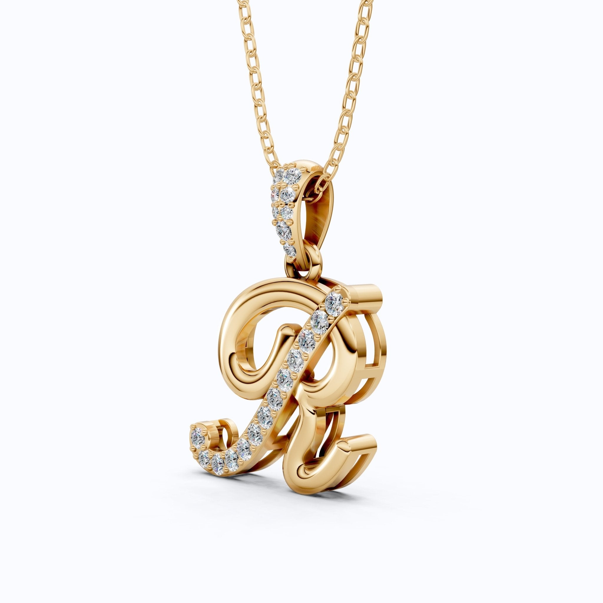 Cursive Script R Pavé Initial Pendant in Lab Grown Diamond - 14k Solid Gold, Birthday Gift For Him/Her, Handmade Everyday Jewelry - Shoora Designs