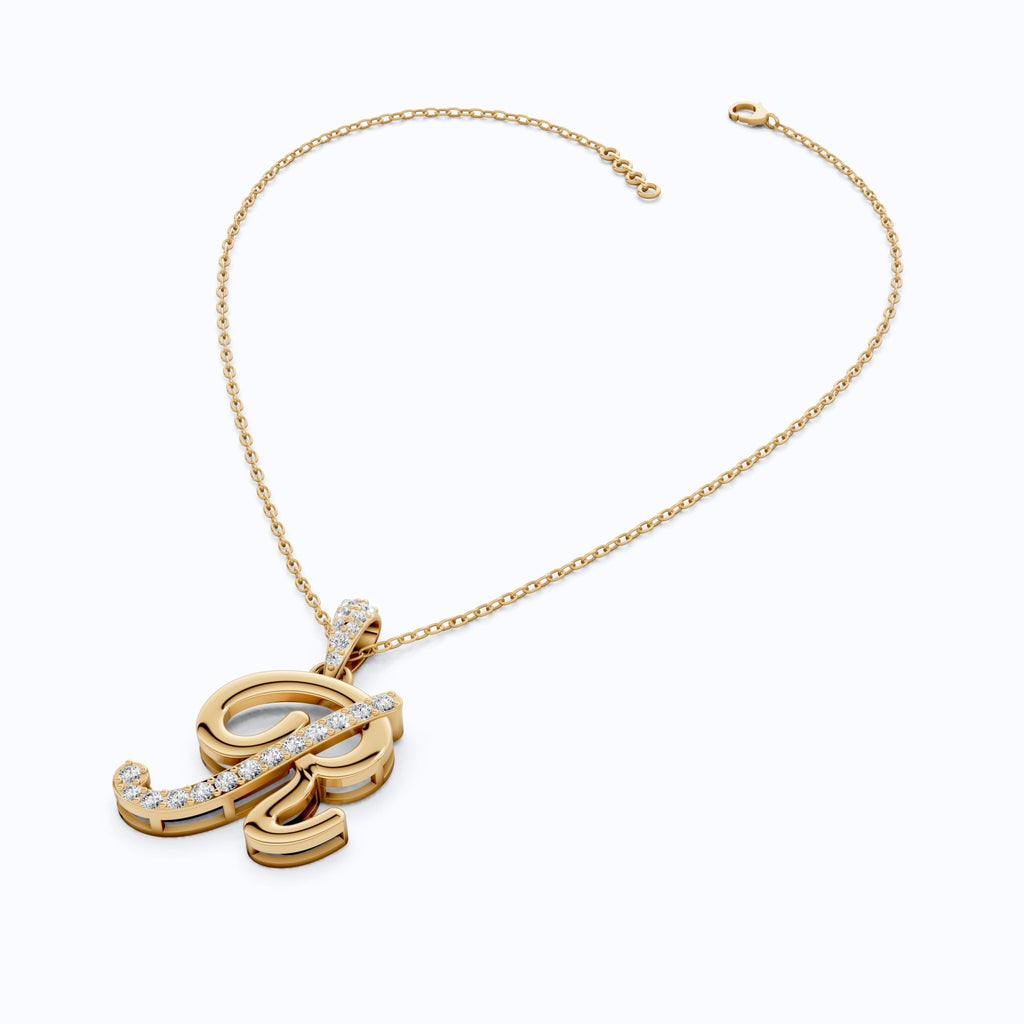 Cursive Script R Pavé Initial Pendant in Lab Grown Diamond - 14k Solid Gold, Birthday Gift For Him/Her, Handmade Everyday Jewelry - Shoora Designs