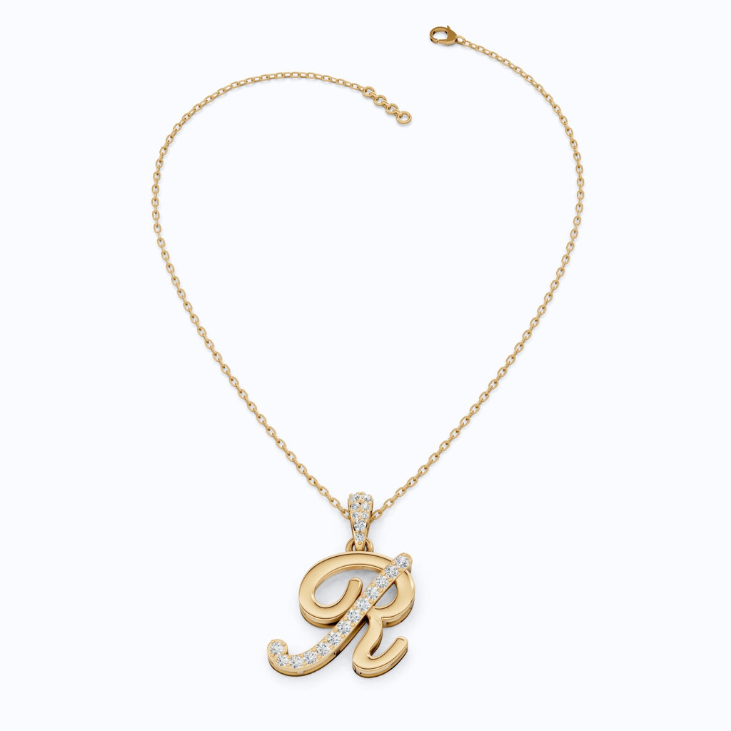 Cursive Script R Pavé Initial Pendant in Lab Grown Diamond - 14k Solid Gold, Birthday Gift For Him/Her, Handmade Everyday Jewelry - Shoora Designs