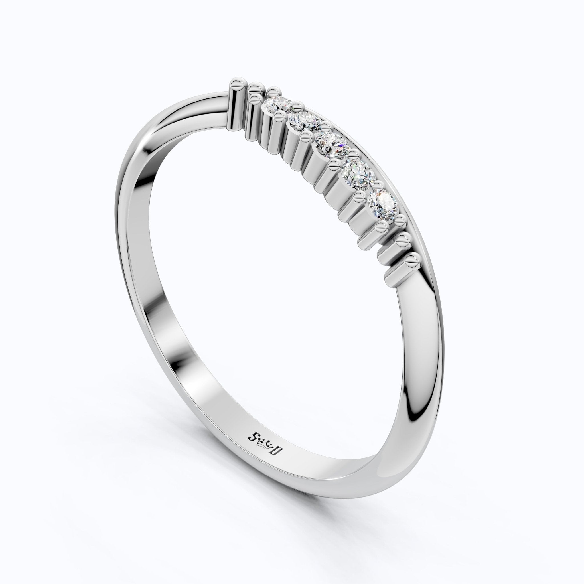 Curved Contour Bar - Set Round Accent Wedding Band in Lab Diamond – 14k White Gold, Bridal Jewelry, Handmade Band For Women - Shoora Designs