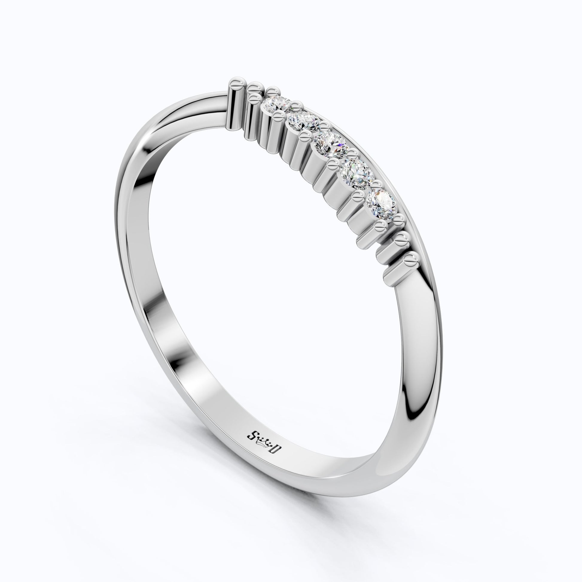 Curved Contour Bar - Set Round Accent Wedding Band in Lab Diamond – 14k White Gold, Bridal Jewelry, Handmade Band For Women - Shoora Designs