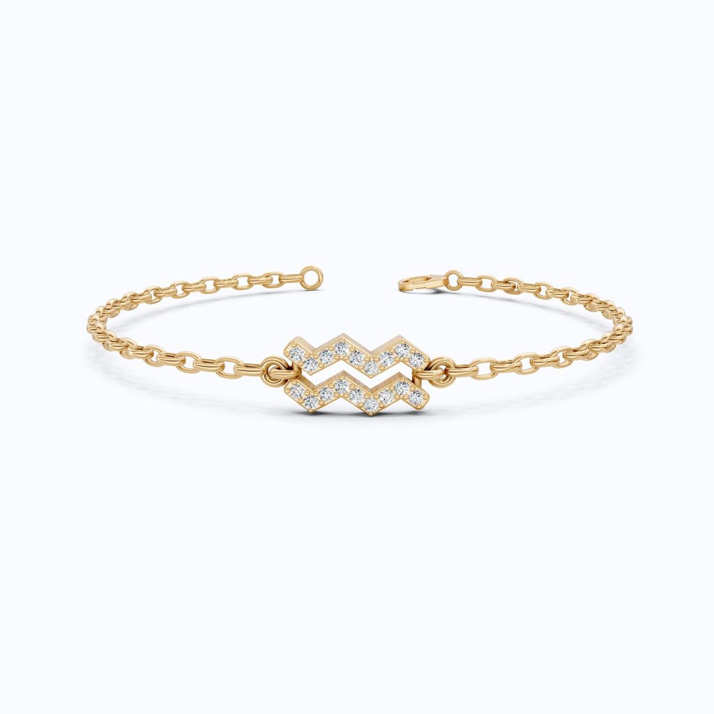 Dainty Aquarius Zodiac Sign Chain Bracelet in 14K Solid Gold, 0.18 TCW Round Cut Lab Created Diamonds, Birthstone Gift for Her, Stacking Celestial Jewelry - Shoora Designs
