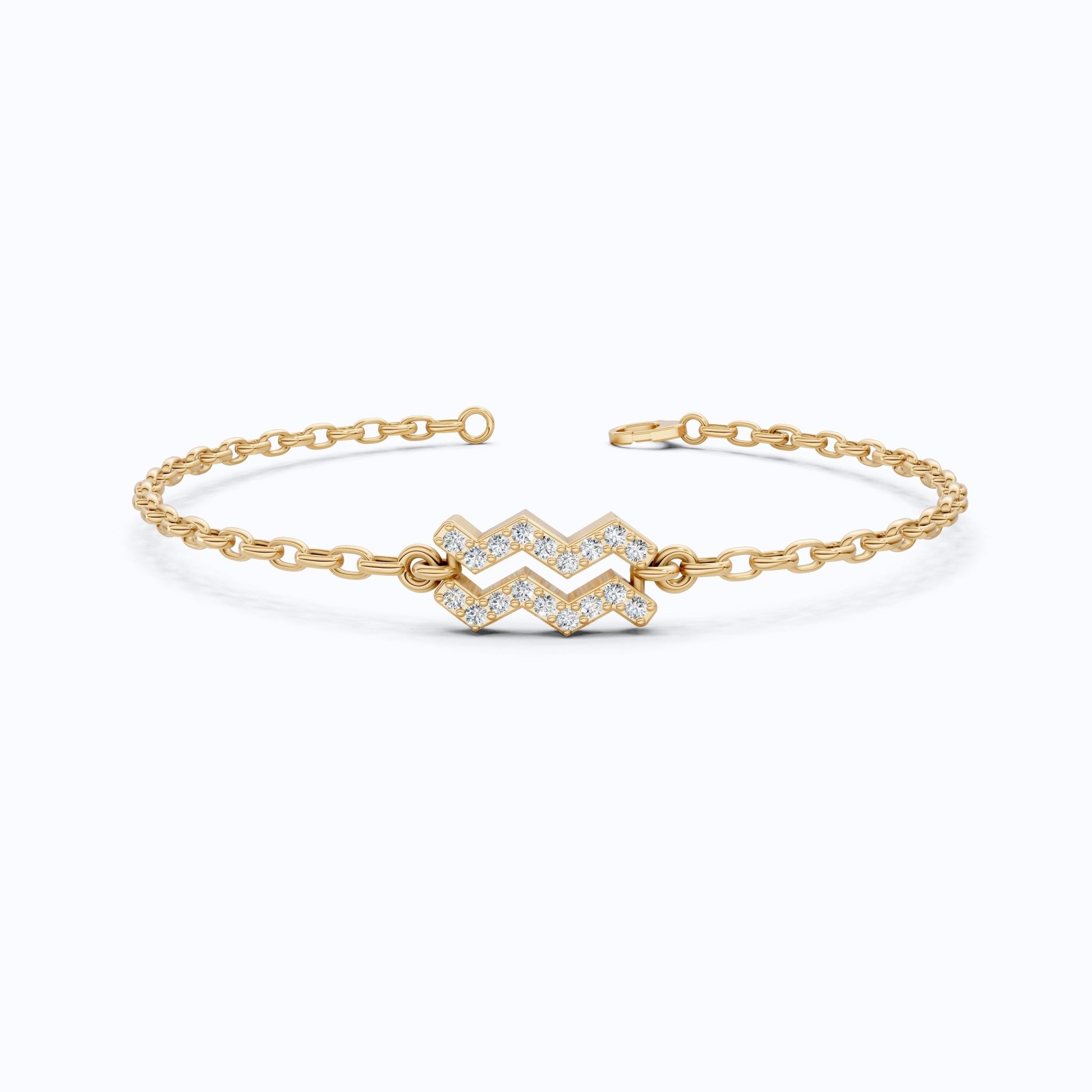 Dainty Aquarius Zodiac Sign Chain Bracelet in 14K Solid Gold, 0.18 TCW Round Cut Lab Created Diamonds, Birthstone Gift for Her, Stacking Celestial Jewelry - Shoora Designs