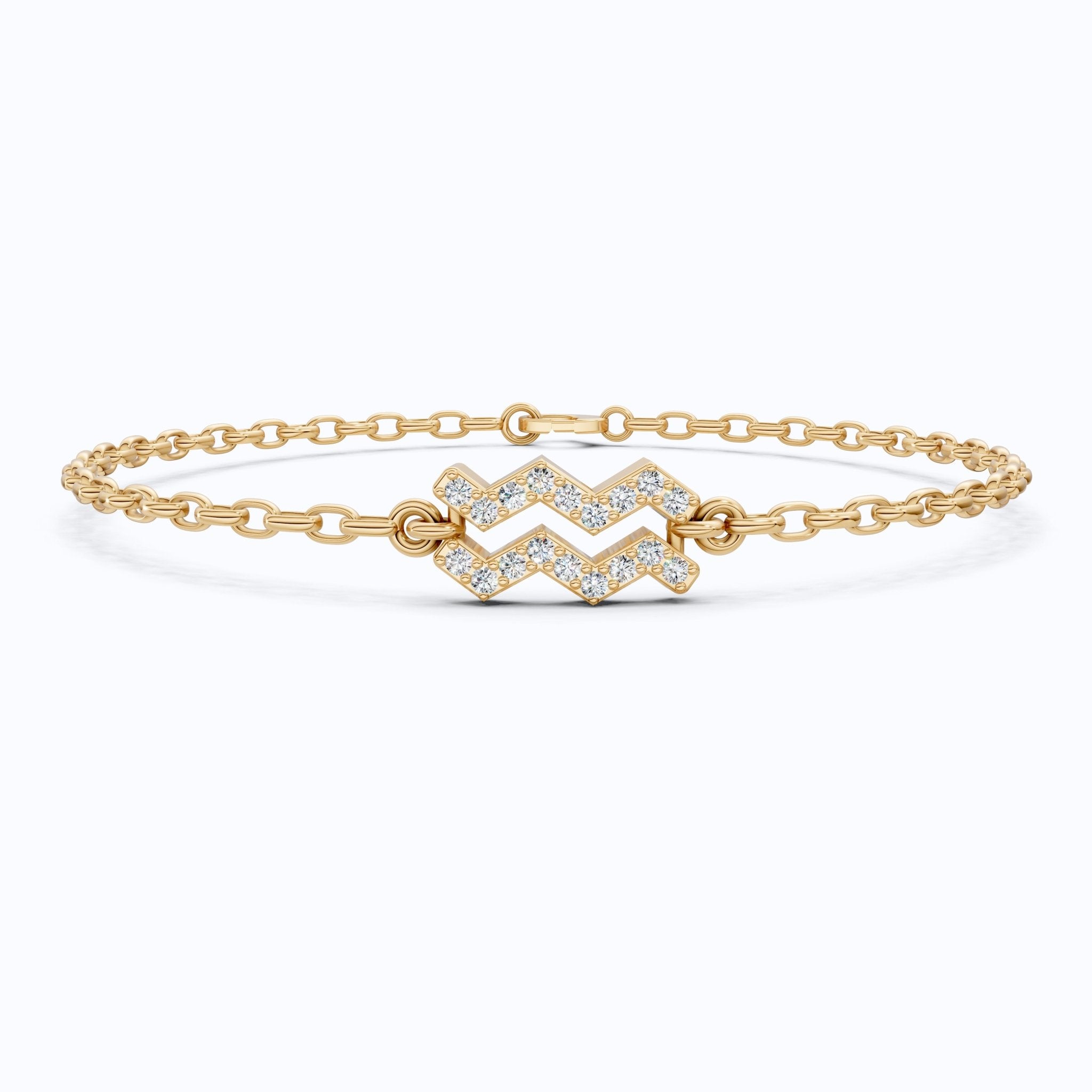 Dainty Aquarius Zodiac Sign Chain Bracelet in 14K Solid Gold, 0.18 TCW Round Cut Lab Created Diamonds, Birthstone Gift for Her, Stacking Celestial Jewelry - Shoora Designs