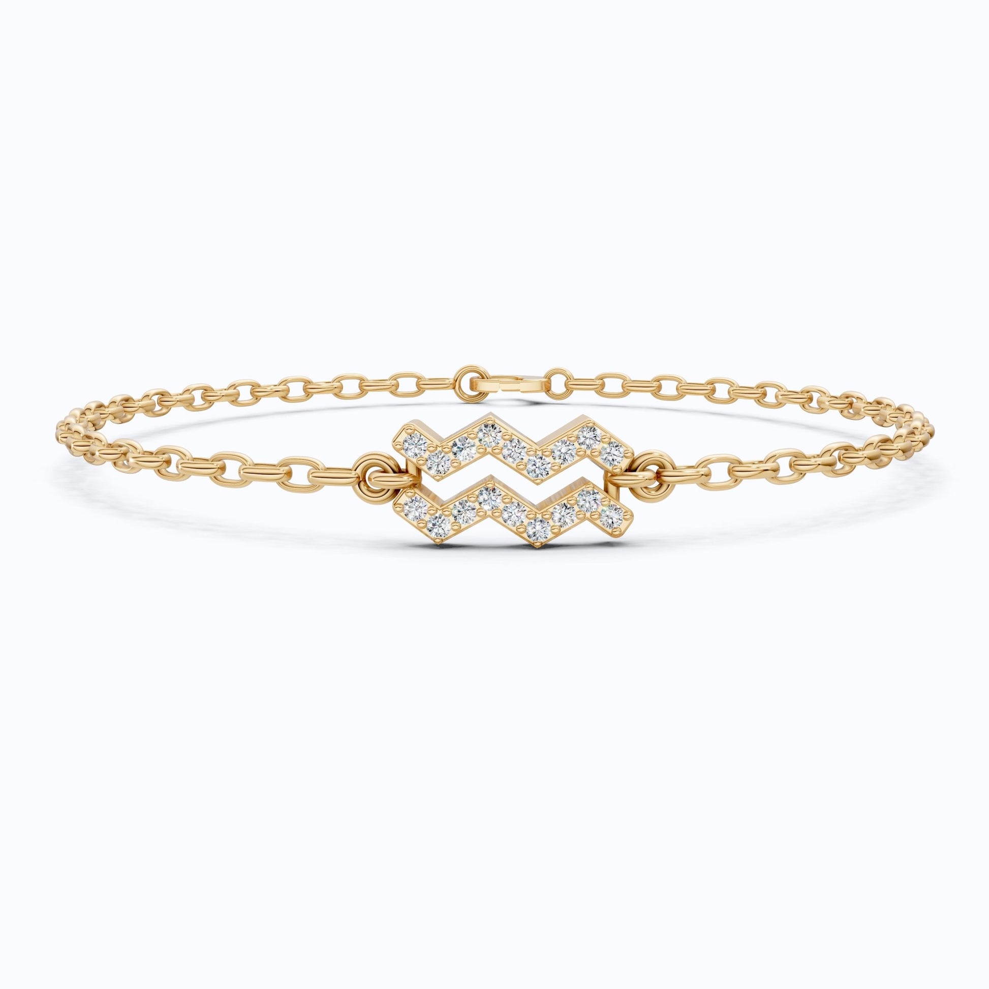 Dainty Aquarius Zodiac Sign Chain Bracelet in 14K Solid Gold, 0.18 TCW Round Cut Lab Created Diamonds, Birthstone Gift for Her, Stacking Celestial Jewelry - Shoora Designs