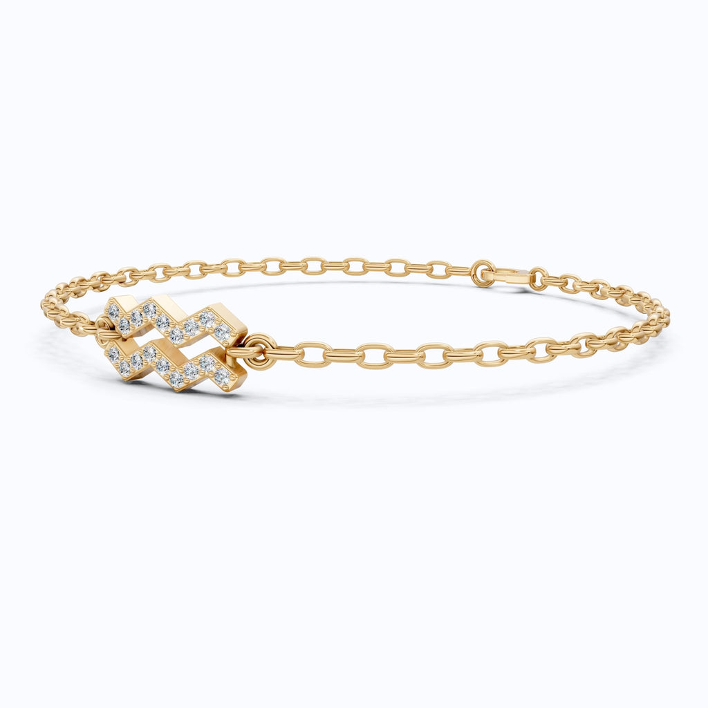 Dainty Aquarius Zodiac Sign Chain Bracelet in 14K Solid Gold, 0.18 TCW Round Cut Lab Created Diamonds, Birthstone Gift for Her, Stacking Celestial Jewelry - Shoora Designs