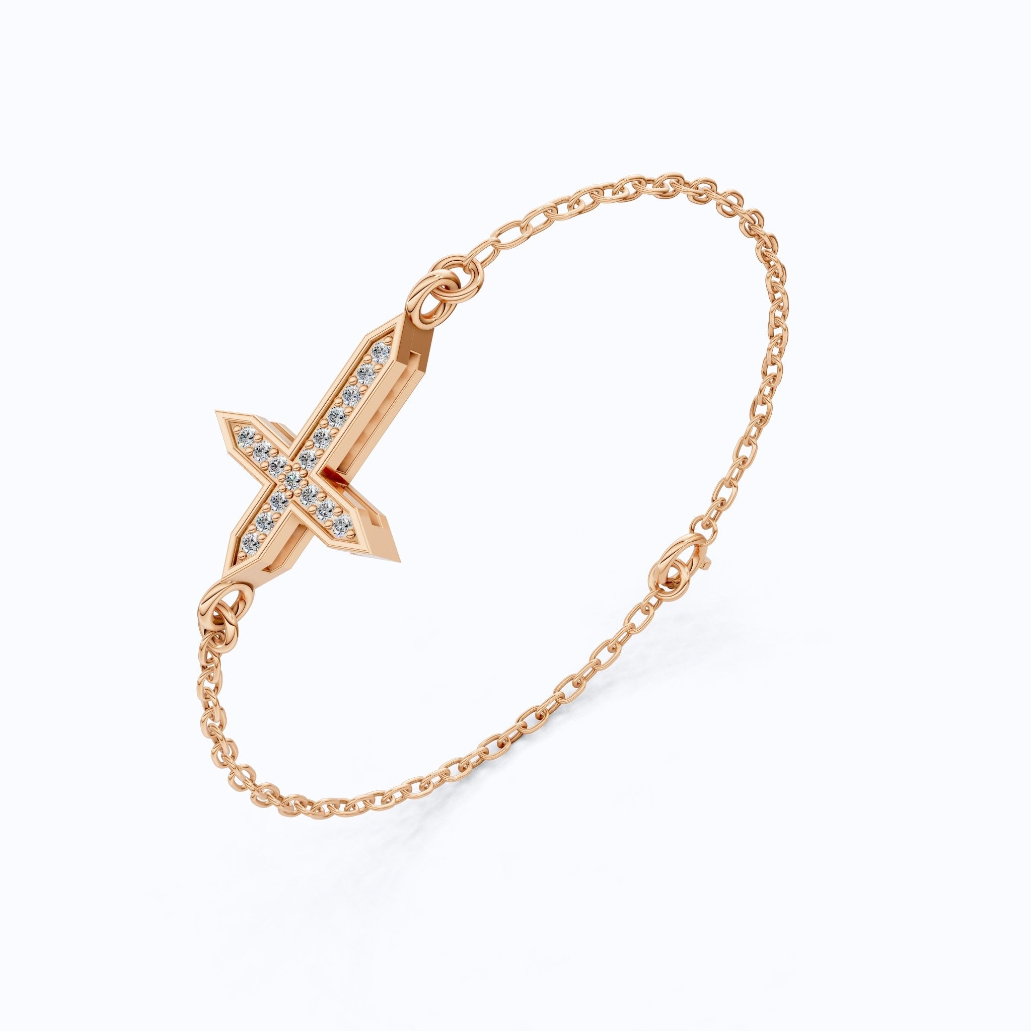 Dainty Arrow Tip Cross Chain Bracelet in 14K Solid Gold, 0.06 TCW Round Cut Lab Created Diamonds, Christian Bracelet, Christmas Gift for Her - Shoora Designs