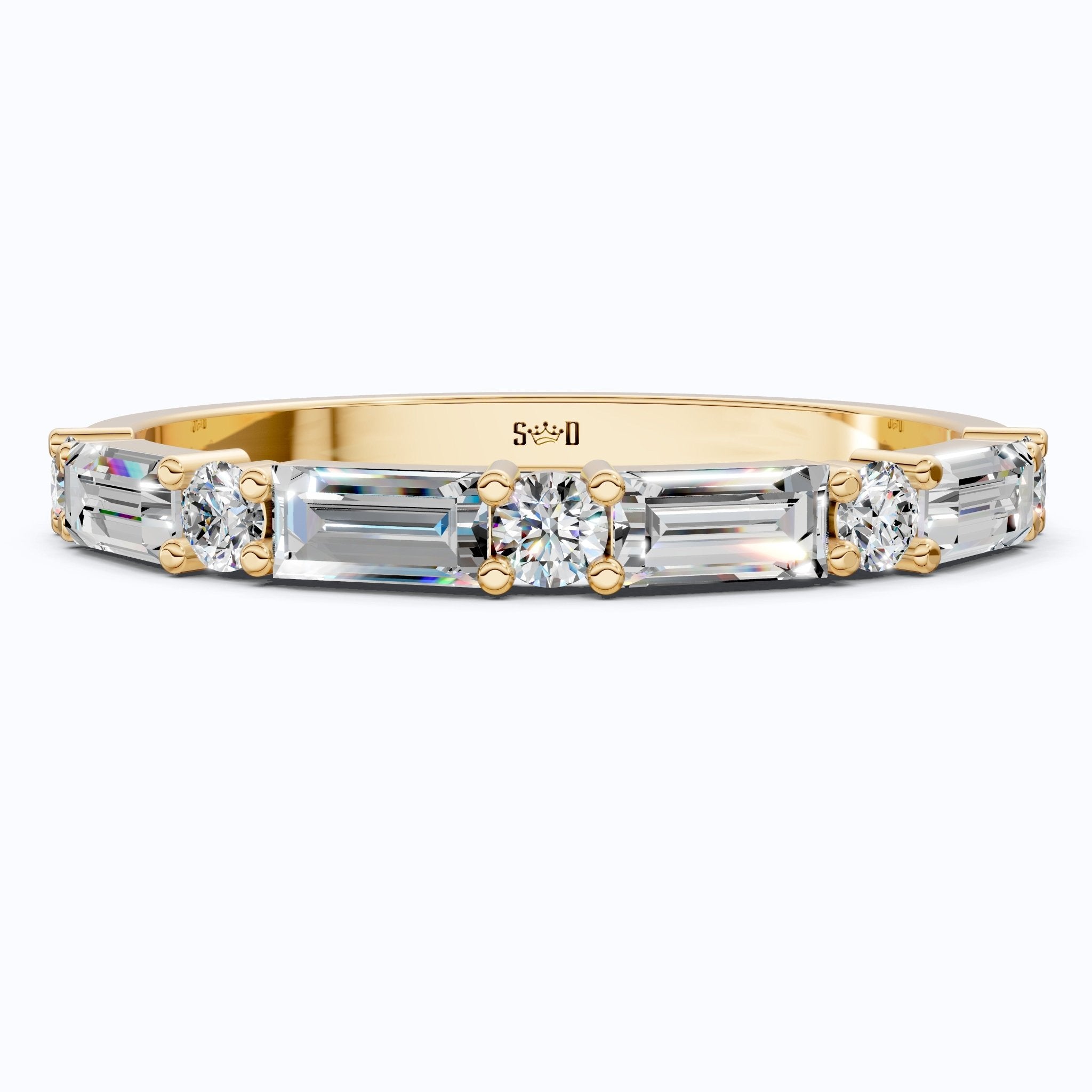 Dainty Baguette & Round Accent Band in 14K Solid Gold, 0.71 TCW Round/Baguette Cut Lab Grown Diamond, Wedding Jewelry, Promise Ring - Shoora Designs