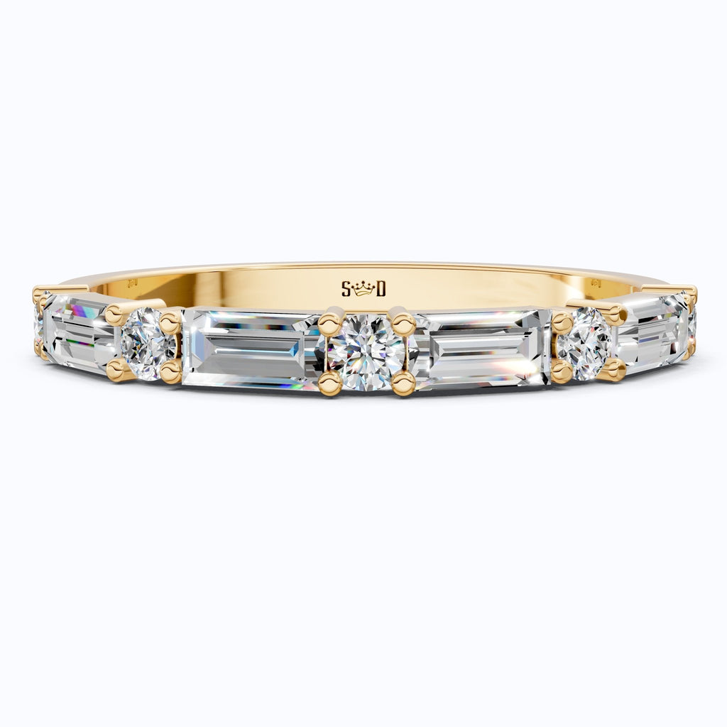 Dainty Baguette & Round Accent Band in 14K Solid Gold, 0.71 TCW Round/Baguette Cut Lab Grown Diamond, Wedding Jewelry, Promise Ring - Shoora Designs