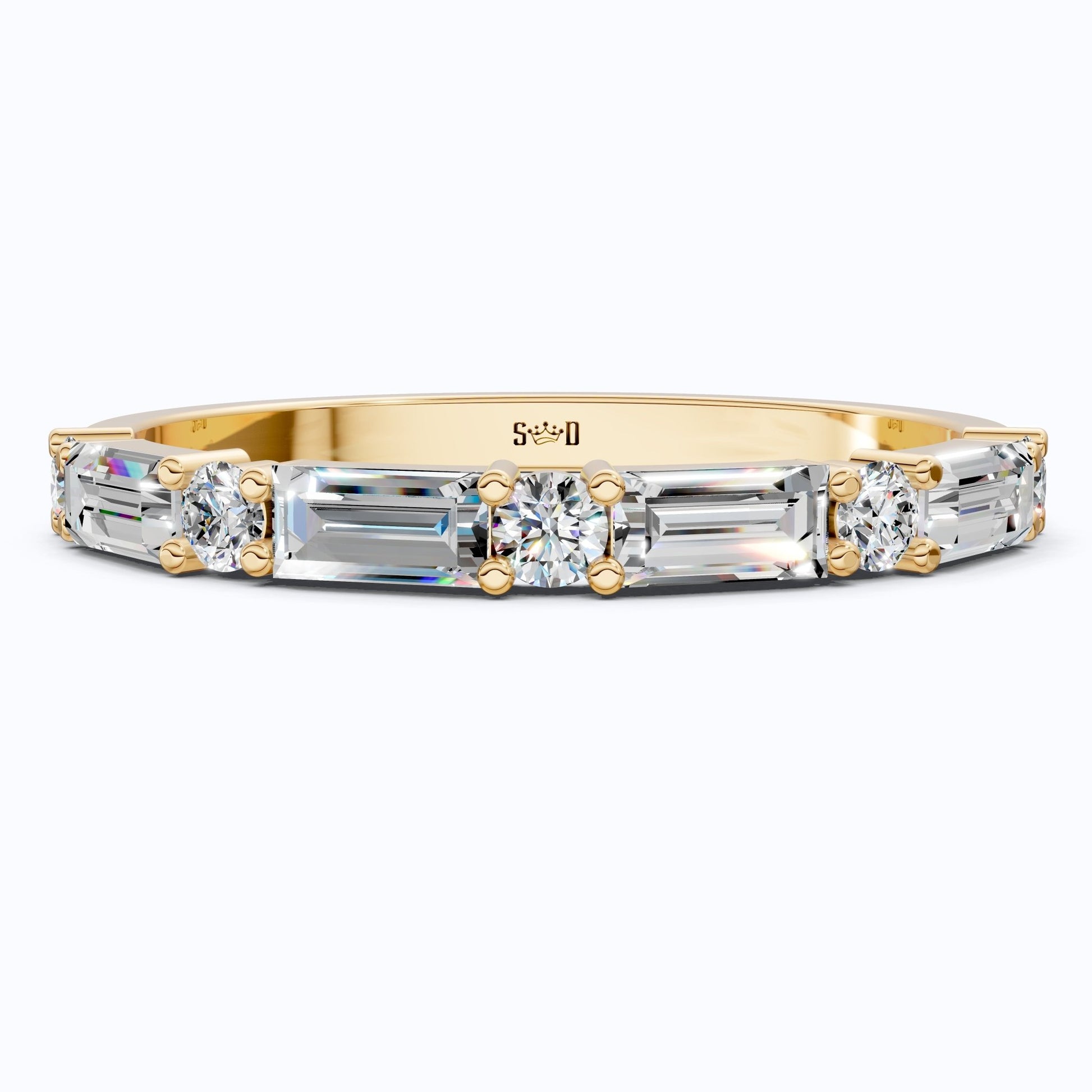 Dainty Baguette & Round Accent Band in 14K Solid Gold, 0.71 TCW Round/Baguette Cut Lab Grown Diamond, Wedding Jewelry, Promise Ring - Shoora Designs