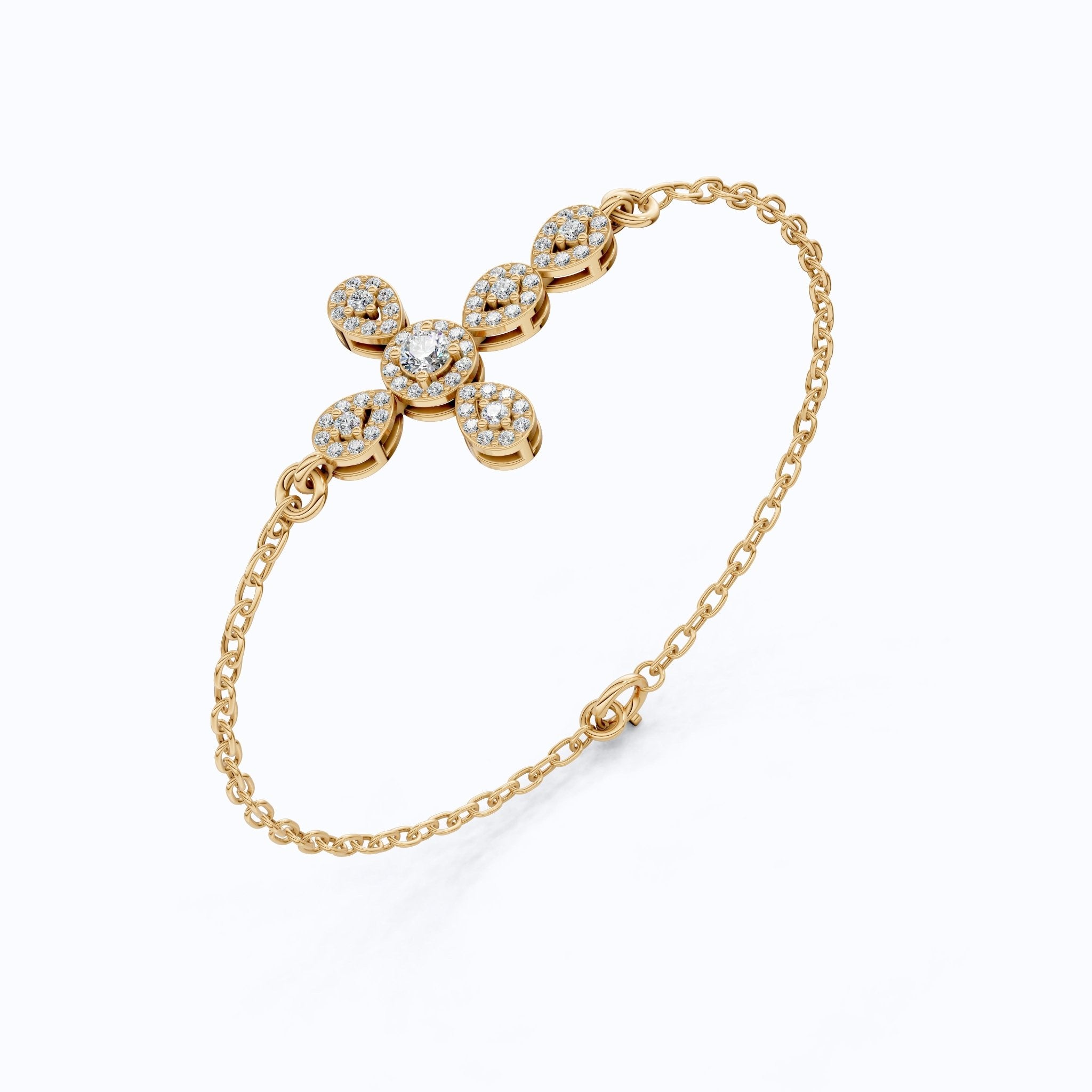 Dainty Cluster pear Halo cross Chain bracelet in 14K Solid Gold, 0.40 Round Cut Lab Created Diamonds, Vintage Gift for Her, Bridal Jewelry - Shoora Designs