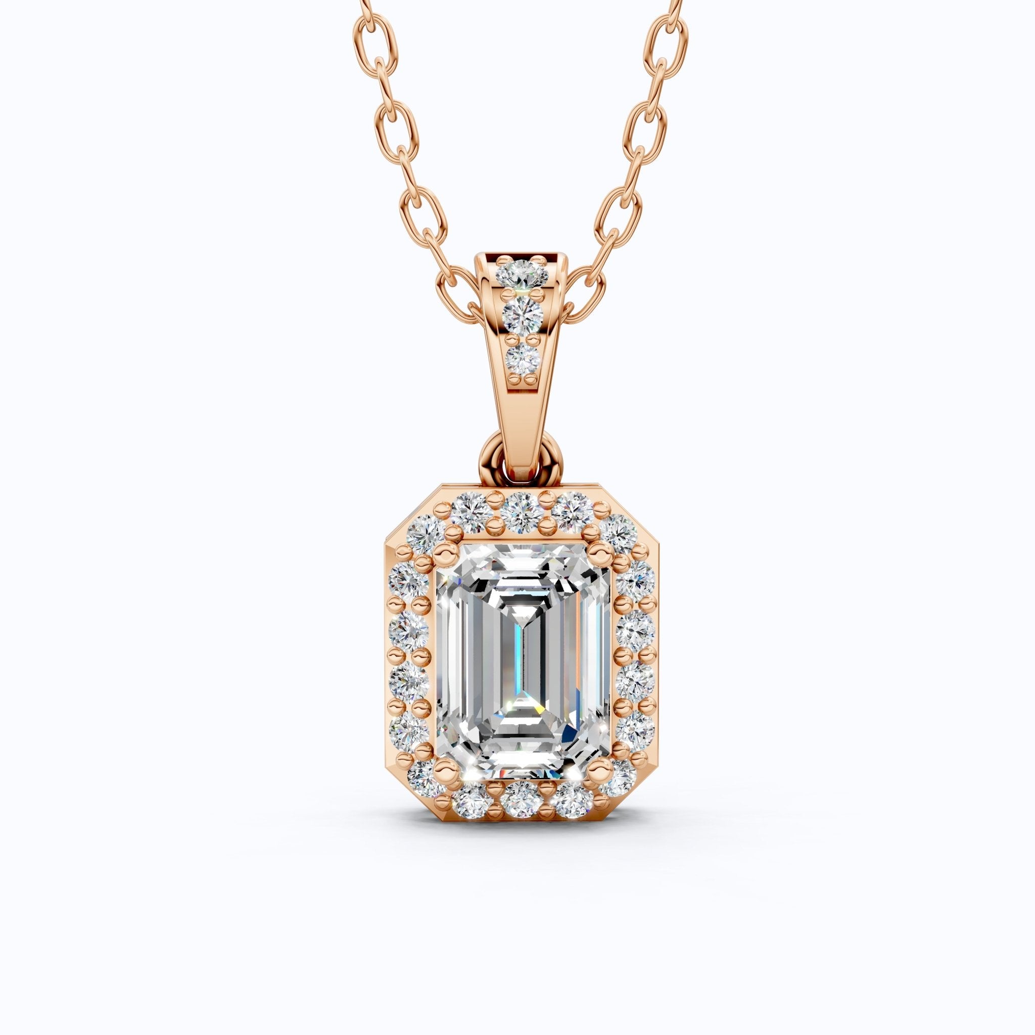 Dainty Emerald Cut Halo Solitaire Wedding Pendant in Lab Diamond – 14k Solid Gold, Anniversary Gift for Her, Everyday Jewelry - Shoora Designs