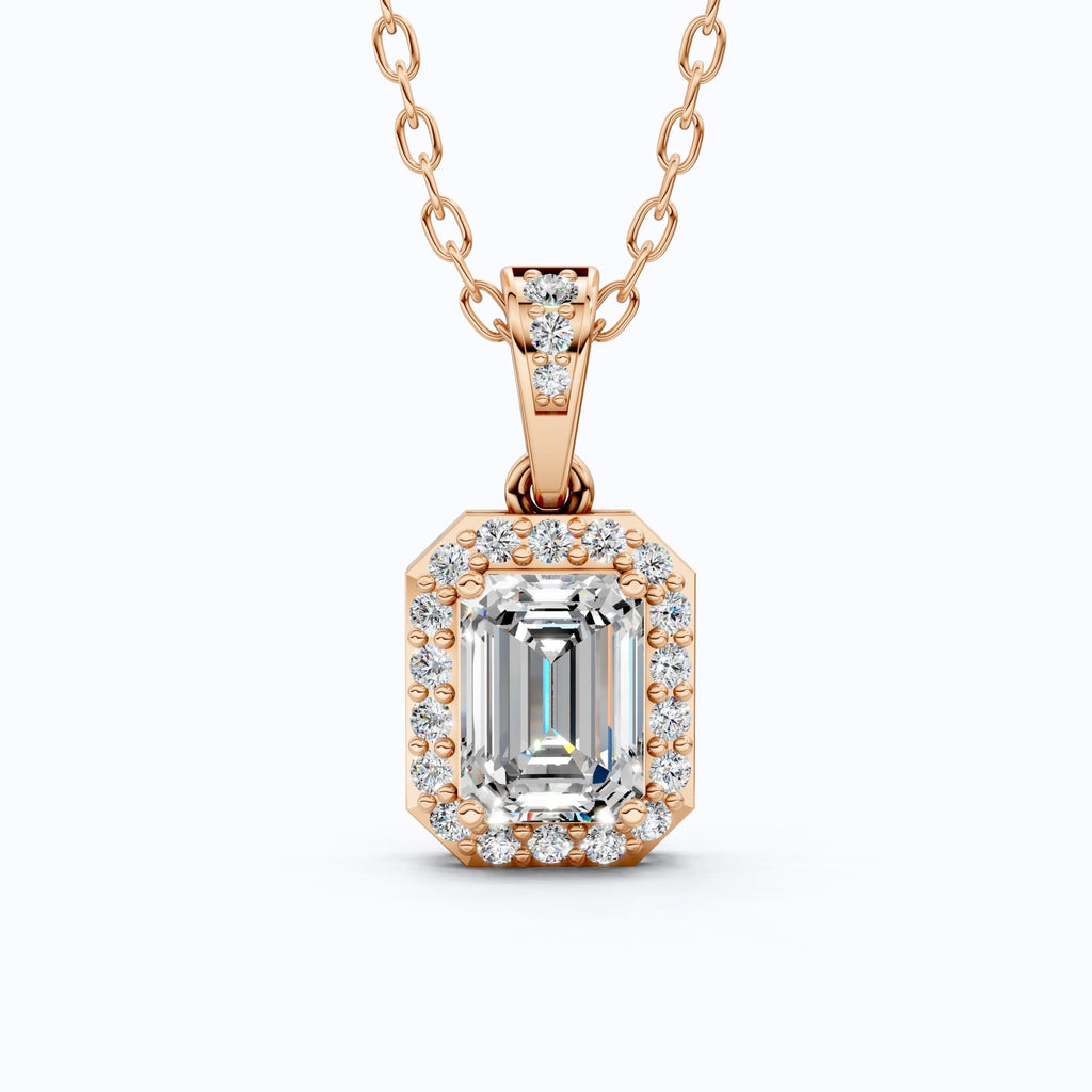 Dainty Emerald Cut Halo Solitaire Wedding Pendant in Lab Diamond – 14k Solid Gold, Anniversary Gift for Her, Everyday Jewelry - Shoora Designs