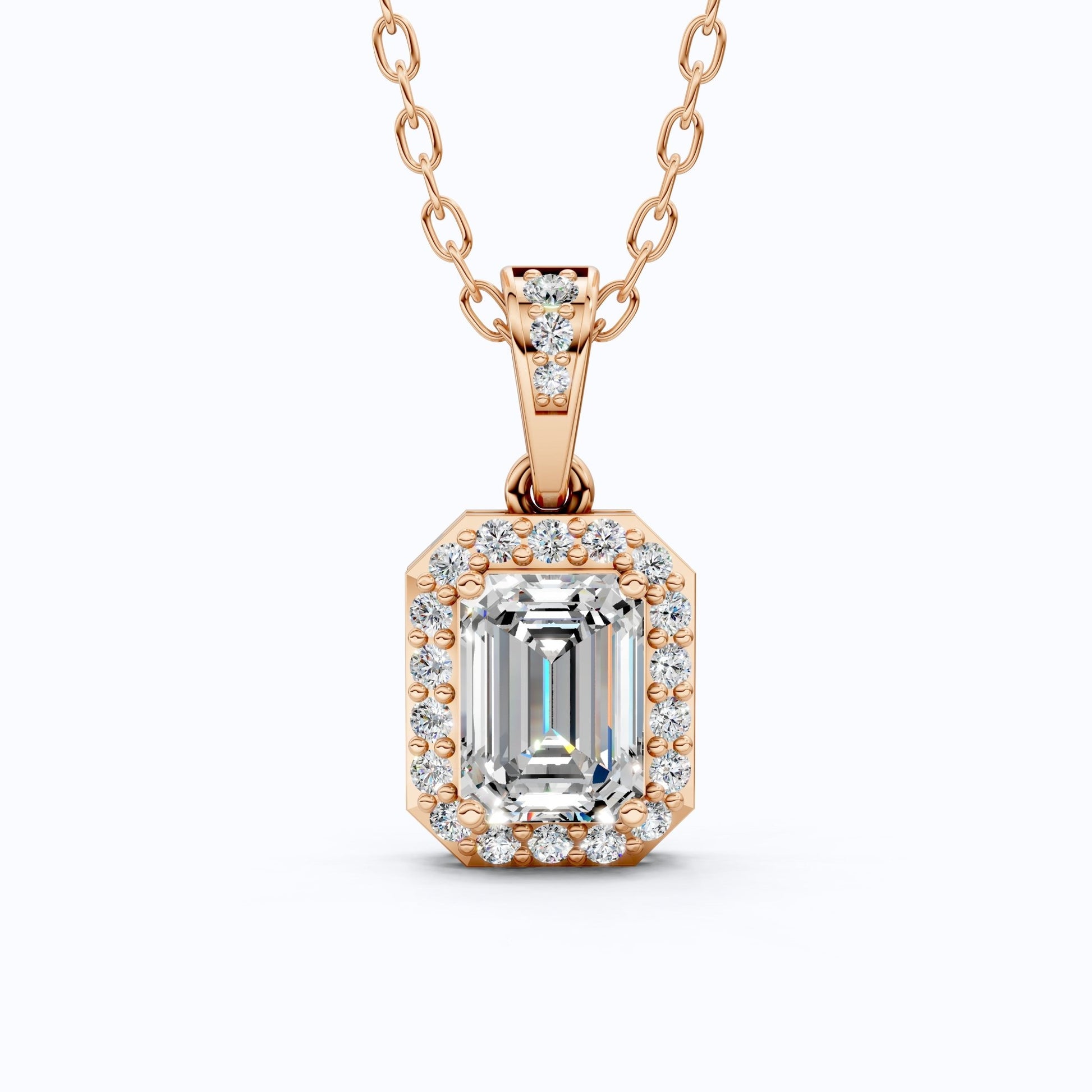 Dainty Emerald Cut Halo Solitaire Wedding Pendant in Lab Diamond – 14k Solid Gold, Anniversary Gift for Her, Everyday Jewelry - Shoora Designs