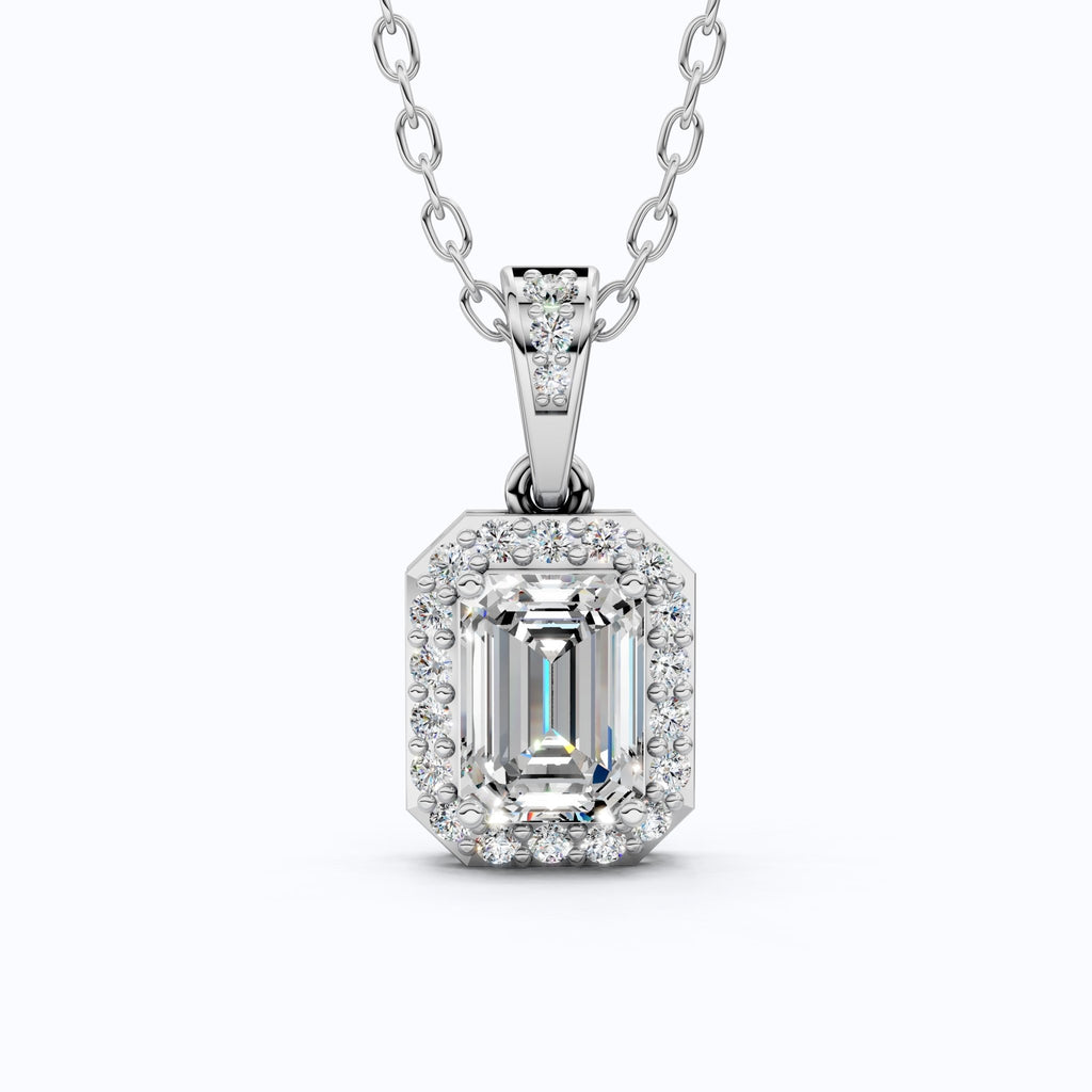 Dainty Emerald Cut Halo Solitaire Wedding Pendant in Lab Diamond – 14k Solid Gold, Anniversary Gift for Her, Everyday Jewelry - Shoora Designs
