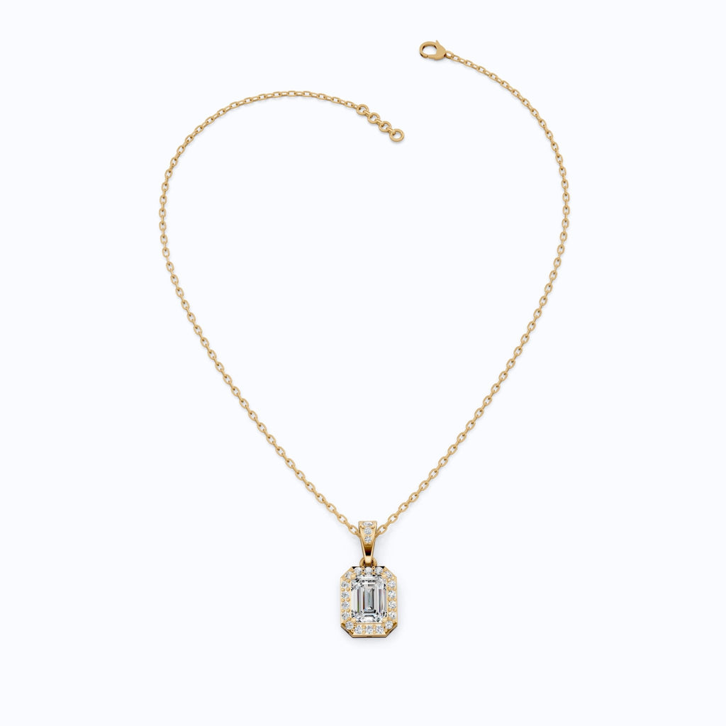 Dainty Emerald Cut Halo Solitaire Wedding Pendant in Lab Diamond – 14k Solid Gold, Anniversary Gift for Her, Everyday Jewelry - Shoora Designs