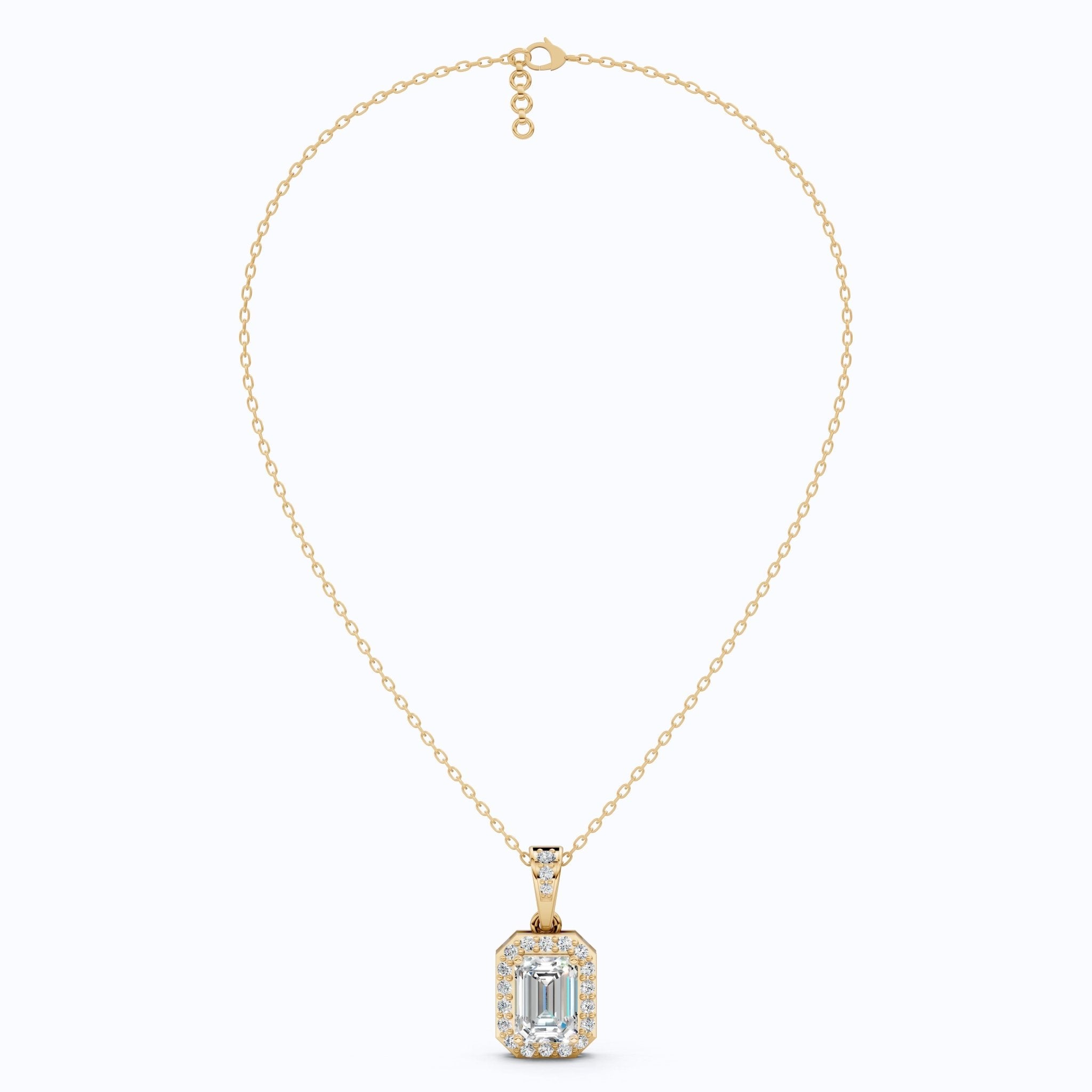 Dainty Emerald Cut Halo Solitaire Wedding Pendant in Lab Diamond – 14k Solid Gold, Anniversary Gift for Her, Everyday Jewelry - Shoora Designs