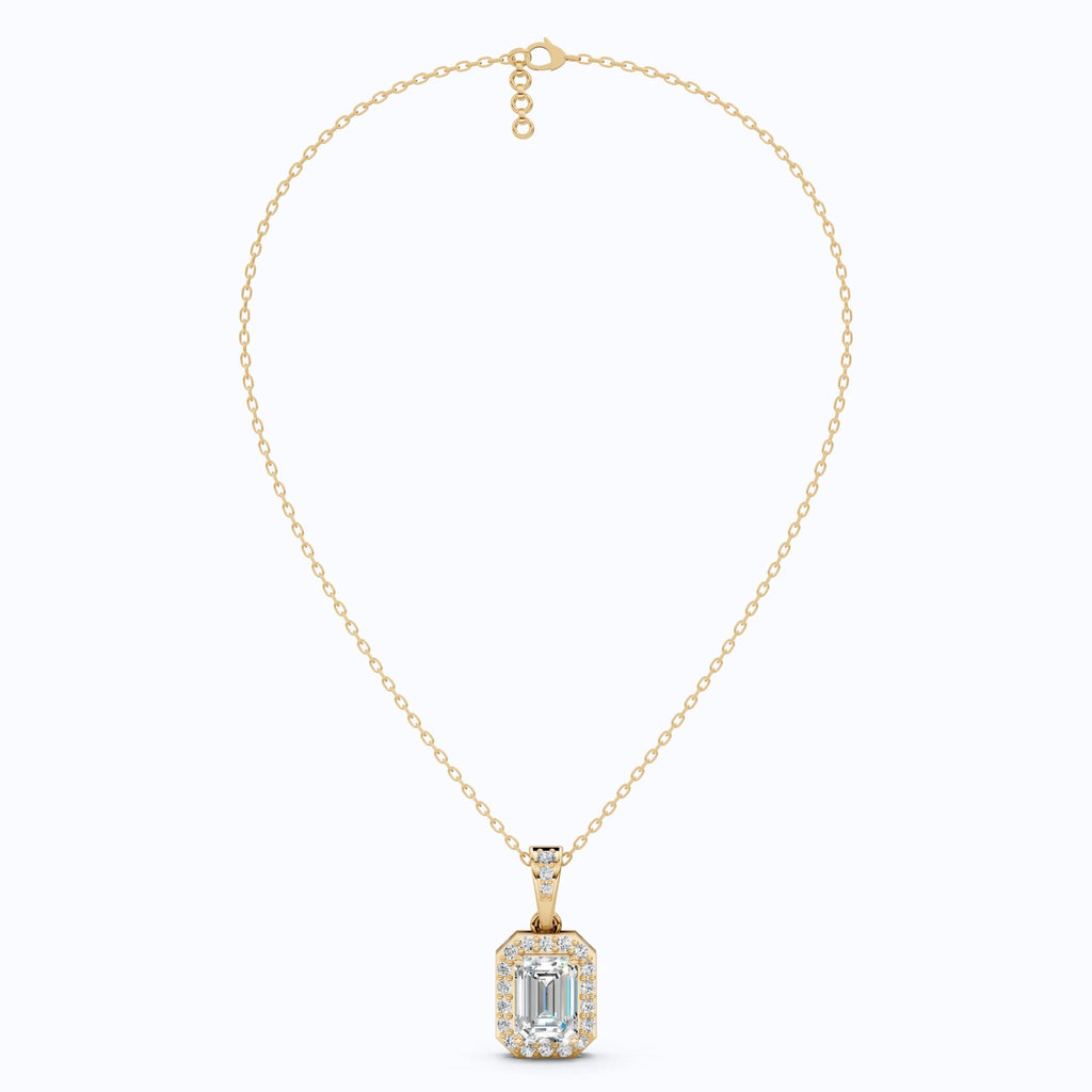 Dainty Emerald Cut Halo Solitaire Wedding Pendant in Lab Diamond – 14k Solid Gold, Anniversary Gift for Her, Everyday Jewelry - Shoora Designs