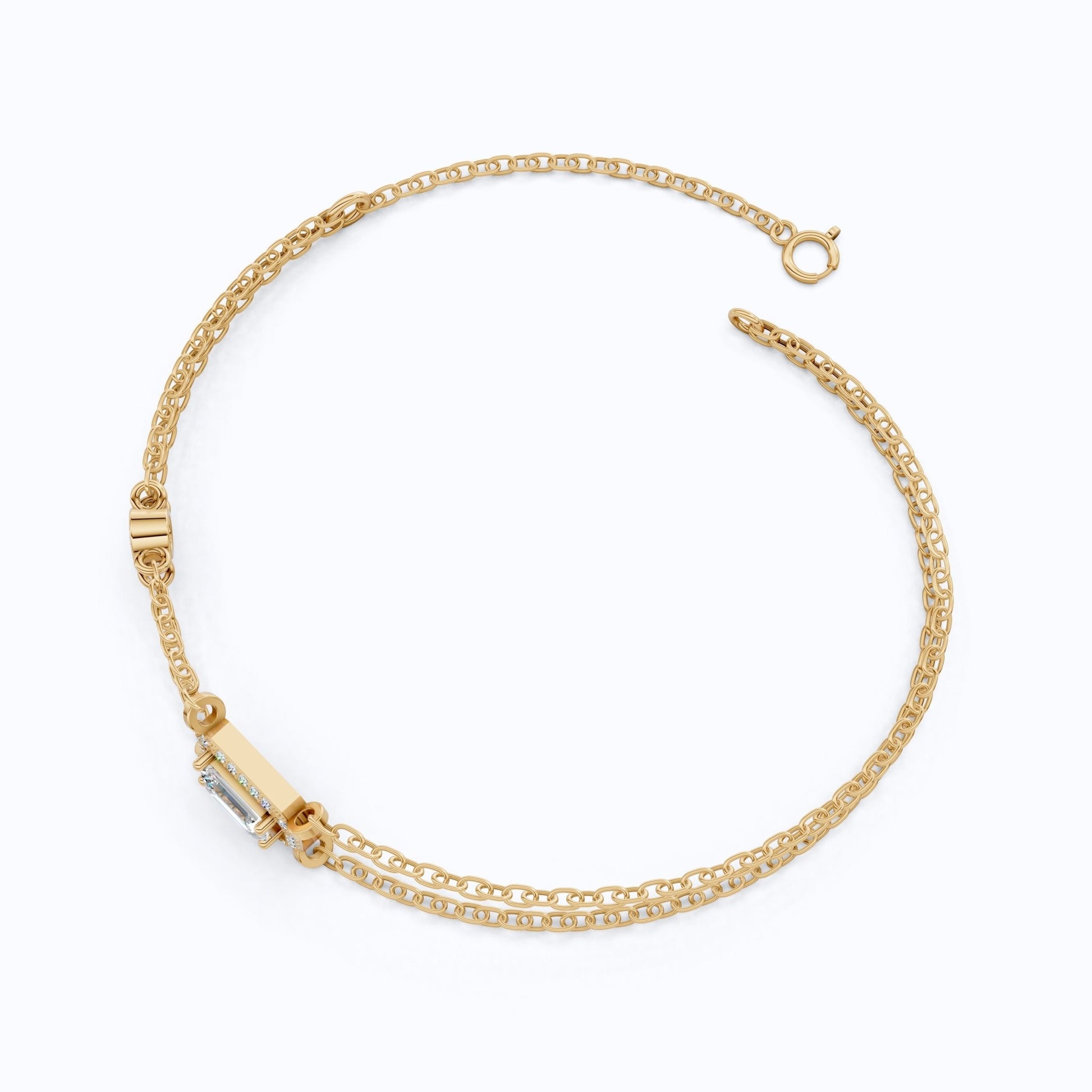 Dainty Emerald Halo Double Chain Bracelet in 14k Solid Gold, 0.75 CT Emerald Cut Lab Grown Diamond, Everyday Bracelet, Wedding Gift for Her - Shoora Designs