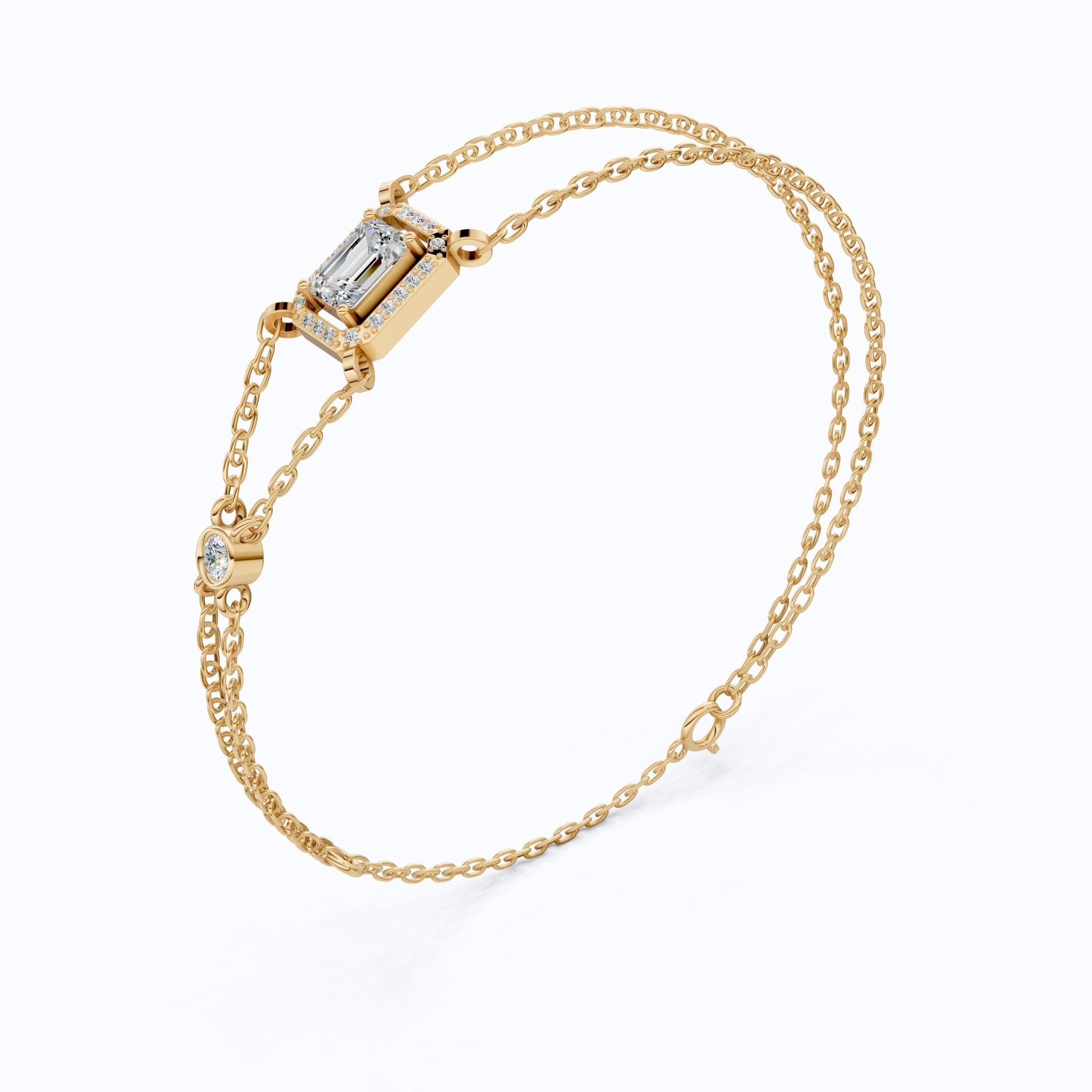 Dainty Emerald Halo Double Chain Bracelet in 14k Solid Gold, 0.75 CT Emerald Cut Lab Grown Diamond, Everyday Bracelet, Wedding Gift for Her - Shoora Designs