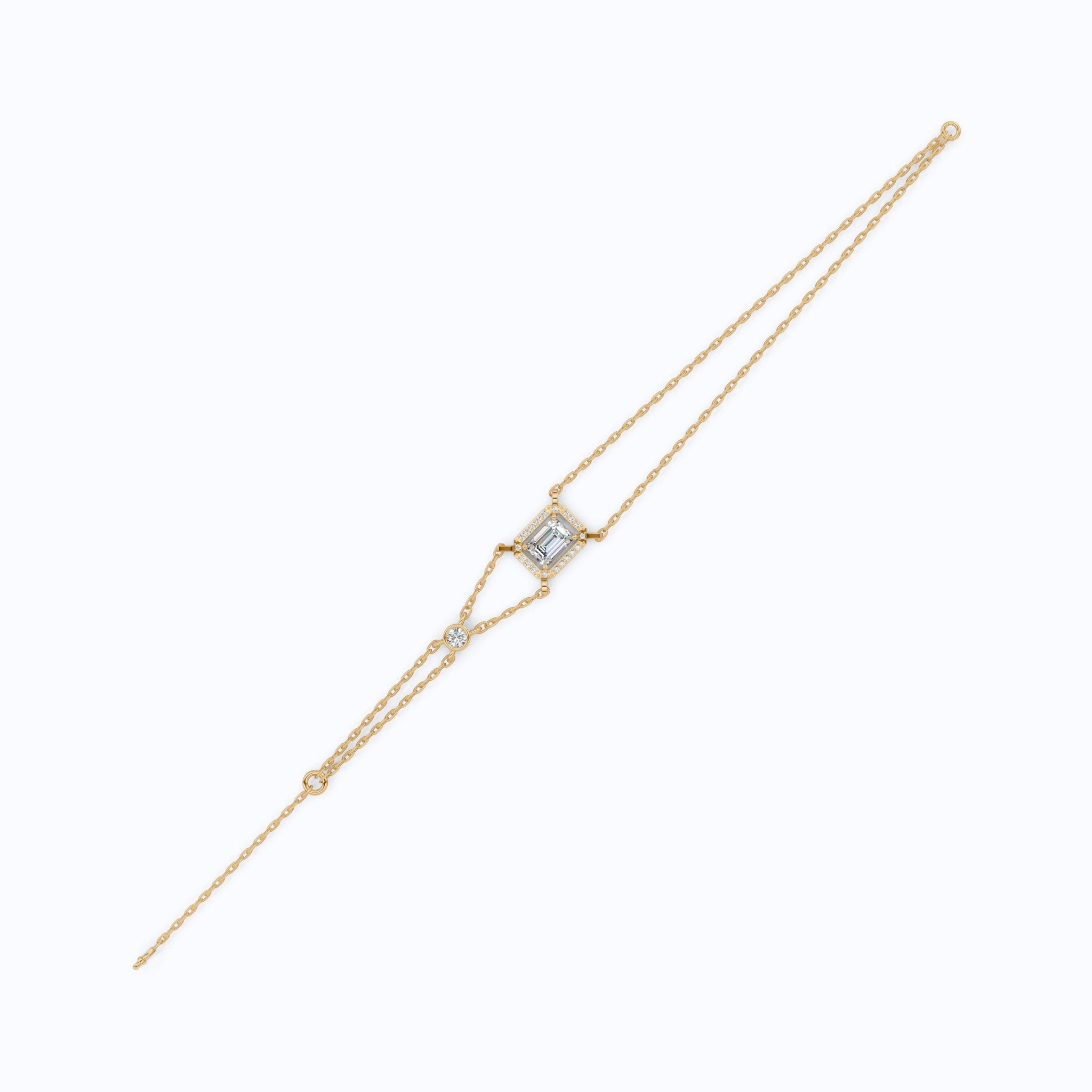 Dainty Emerald Halo Double Chain Bracelet in 14k Solid Gold, 0.75 CT Emerald Cut Lab Grown Diamond, Everyday Bracelet, Wedding Gift for Her - Shoora Designs