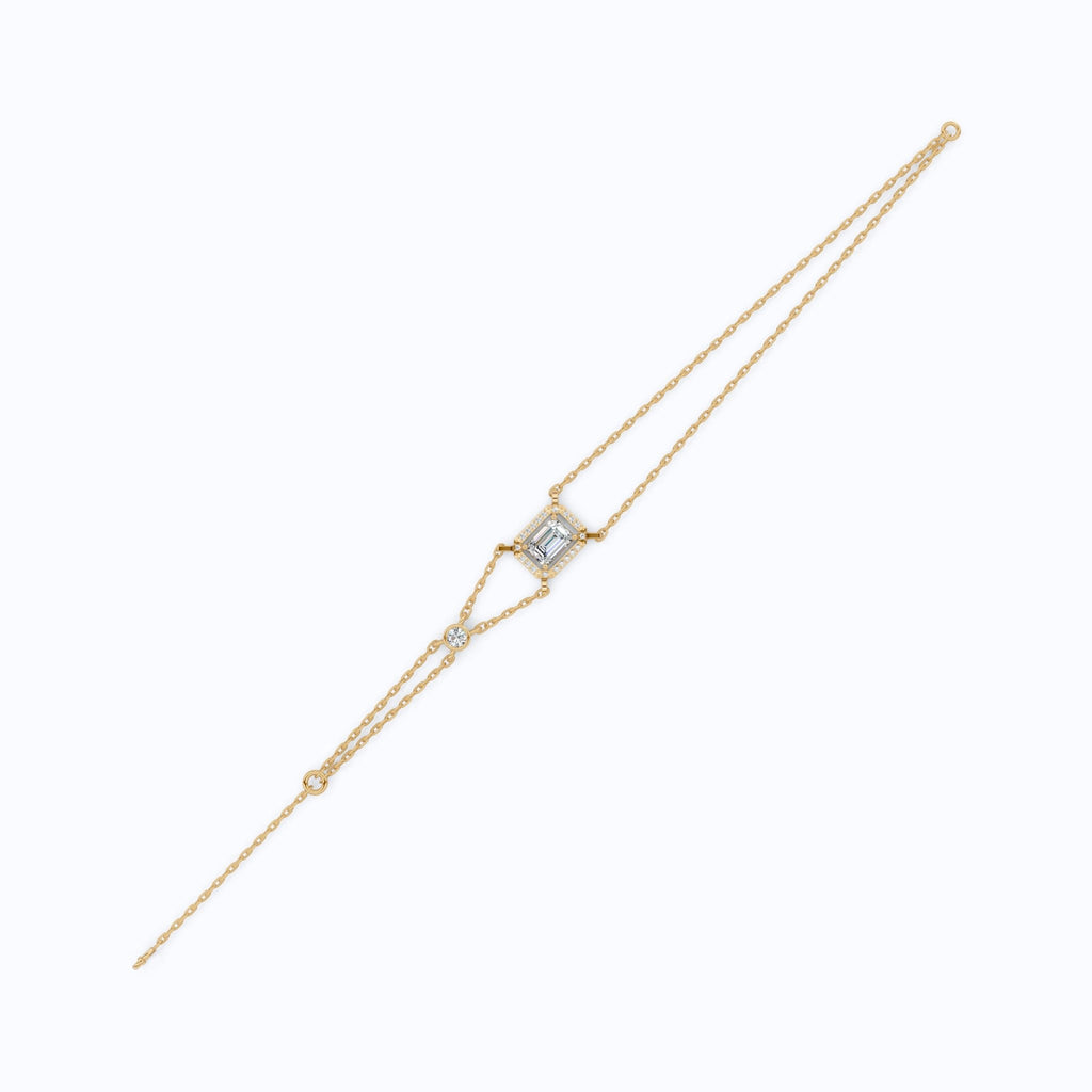 Dainty Emerald Halo Double Chain Bracelet in 14k Solid Gold, 0.75 CT Emerald Cut Lab Grown Diamond, Everyday Bracelet, Wedding Gift for Her - Shoora Designs