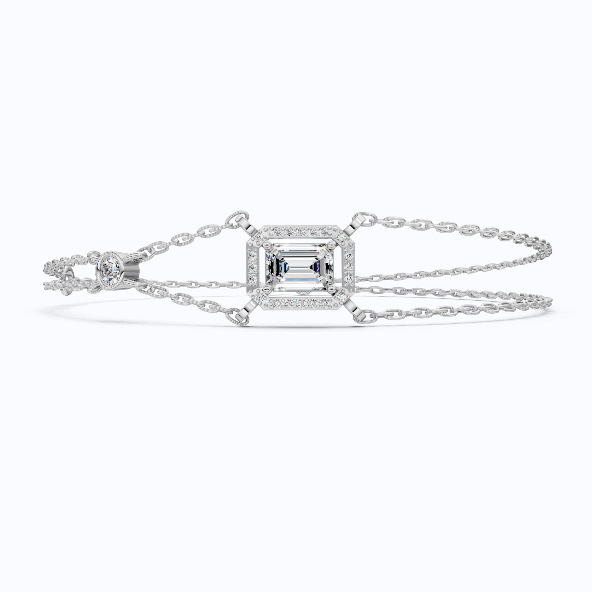 Dainty Emerald Halo Double Chain Bracelet in 14k Solid Gold, 0.75 CT Emerald Cut Lab Grown Diamond, Everyday Bracelet, Wedding Gift for Her - Shoora Designs
