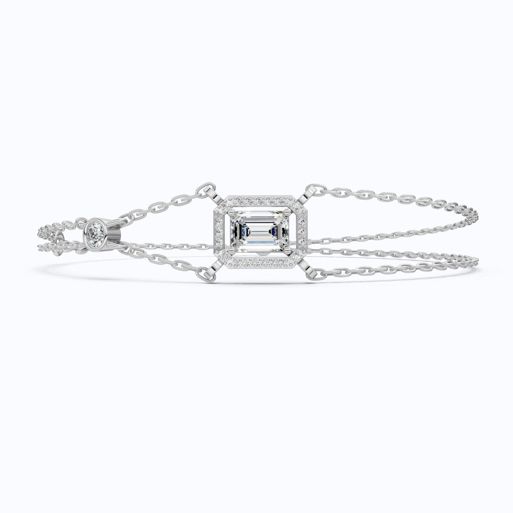 Dainty Emerald Halo Double Chain Bracelet in 14k Solid Gold, 0.75 CT Emerald Cut Lab Grown Diamond, Everyday Bracelet, Wedding Gift for Her - Shoora Designs