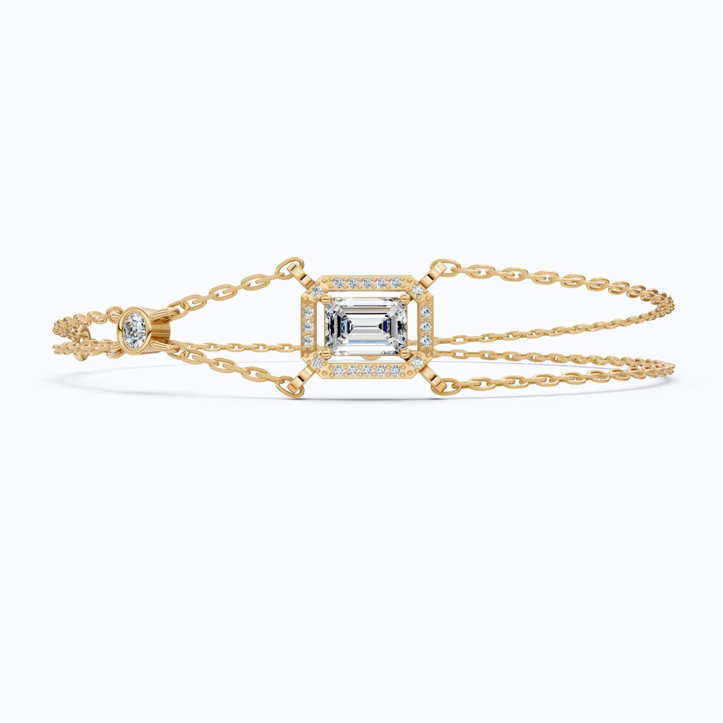 Dainty Emerald Halo Double Chain Bracelet in 14k Solid Gold, 0.75 CT Emerald Cut Lab Grown Diamond, Everyday Bracelet, Wedding Gift for Her - Shoora Designs