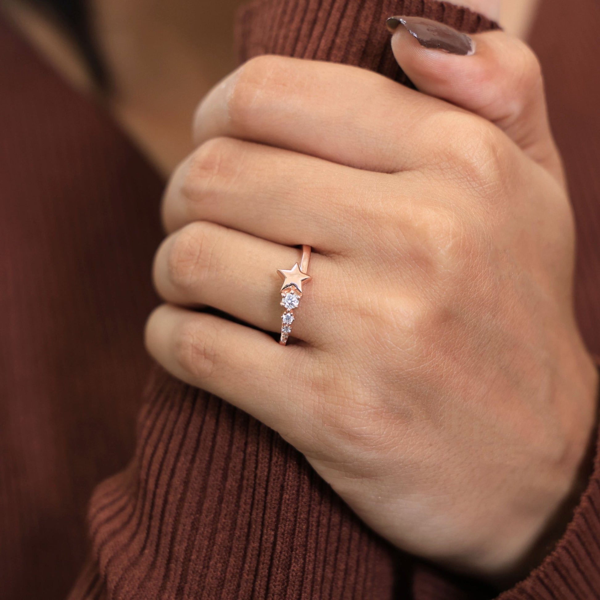 Dainty Five Star Antique Engagement Ring in 14K Solid Gold, 0.16 TCW Round Cut Lab Created Diamonds, Minimalist Promise Ring, Fashion Jewelry - Shoora Designs