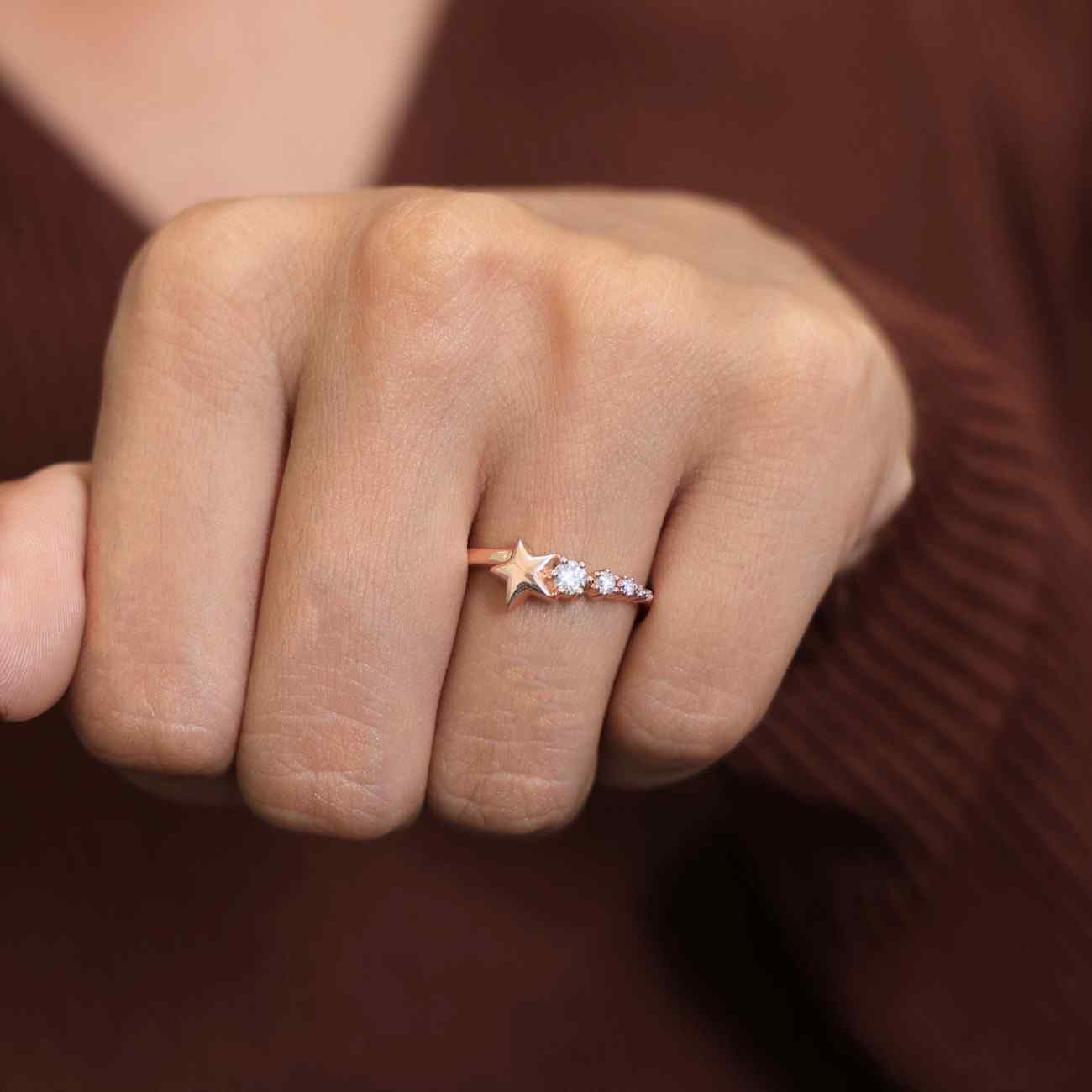 Dainty Five Star Antique Engagement Ring in 14K Solid Gold, 0.16 TCW Round Cut Lab Created Diamonds, Minimalist Promise Ring, Fashion Jewelry