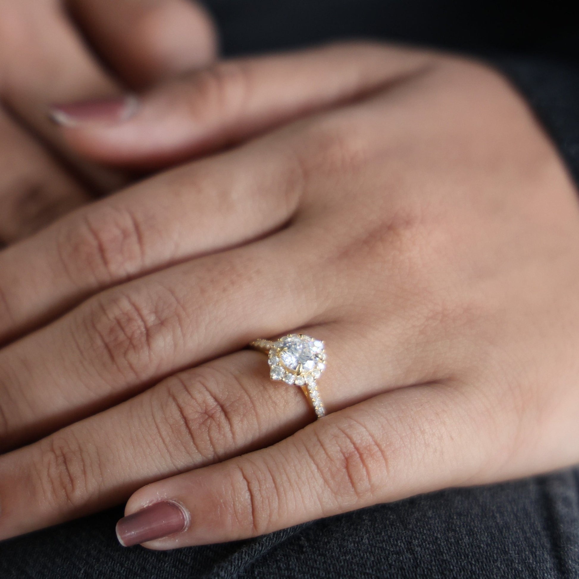 Dainty Floral Diamond Halo Pave Engagement Ring in 14K Solid Gold, 1.00 CT Round Cut Lab Diamond, Handmade Bridal Jewelry, Anniversary Gift for Her - Shoora Designs