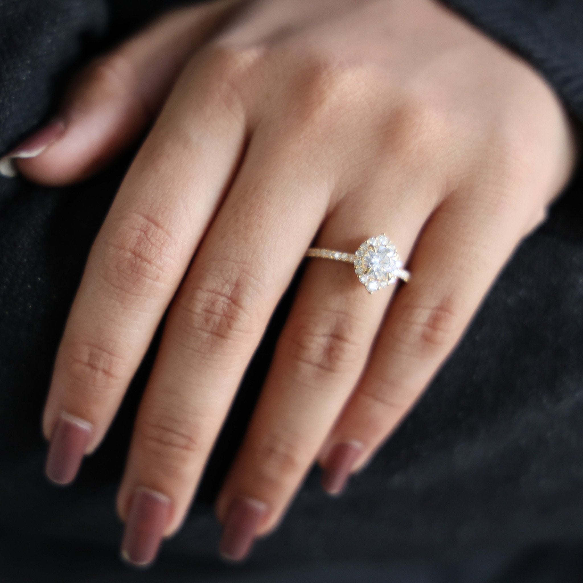 Dainty Floral Diamond Halo Pave Engagement Ring in 14K Solid Gold, 1.00 CT Round Cut Lab Diamond, Handmade Bridal Jewelry, Anniversary Gift for Her - Shoora Designs