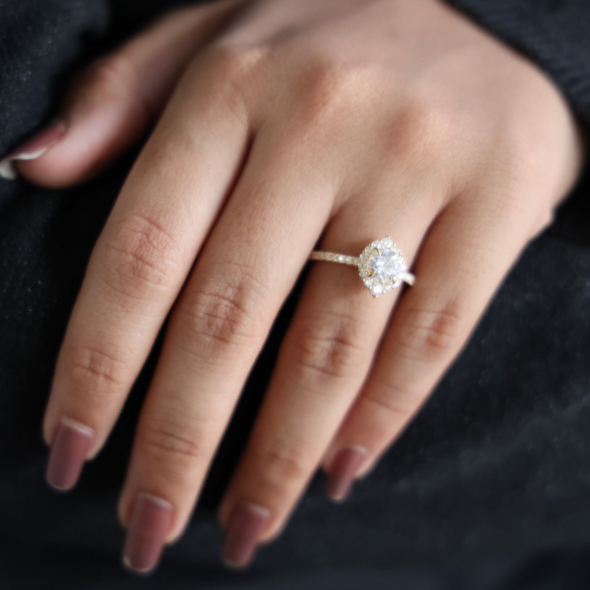 Dainty Floral Diamond Halo Pave Engagement Ring in 14K Solid Gold, 1.00 CT Round Cut Lab Diamond, Handmade Bridal Jewelry, Anniversary Gift for Her - Shoora Designs