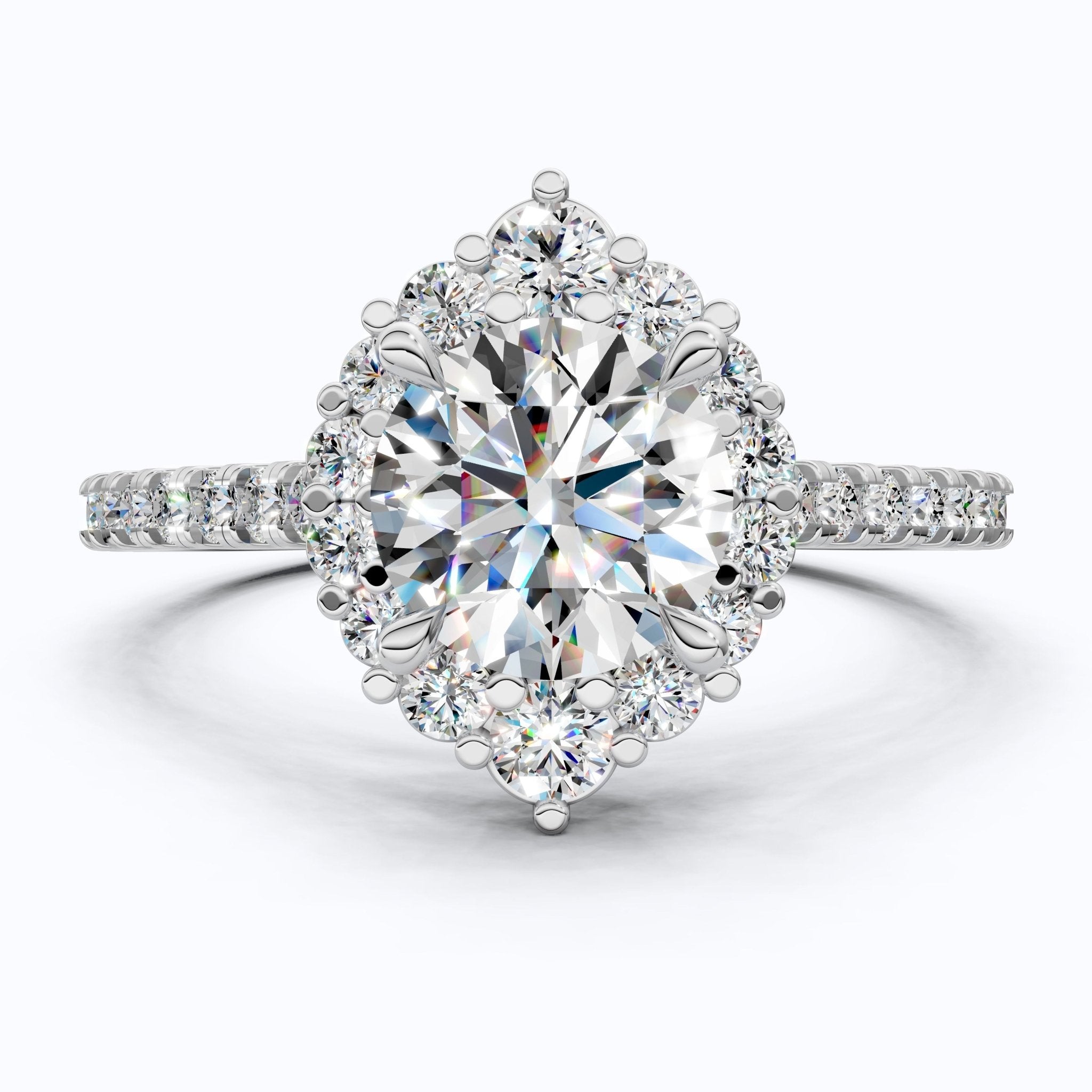 Dainty Floral Diamond Halo Pave Engagement Ring in 14K Solid Gold, 1.00 CT Round Cut Lab Diamond, Handmade Bridal Jewelry, Anniversary Gift for Her - Shoora Designs