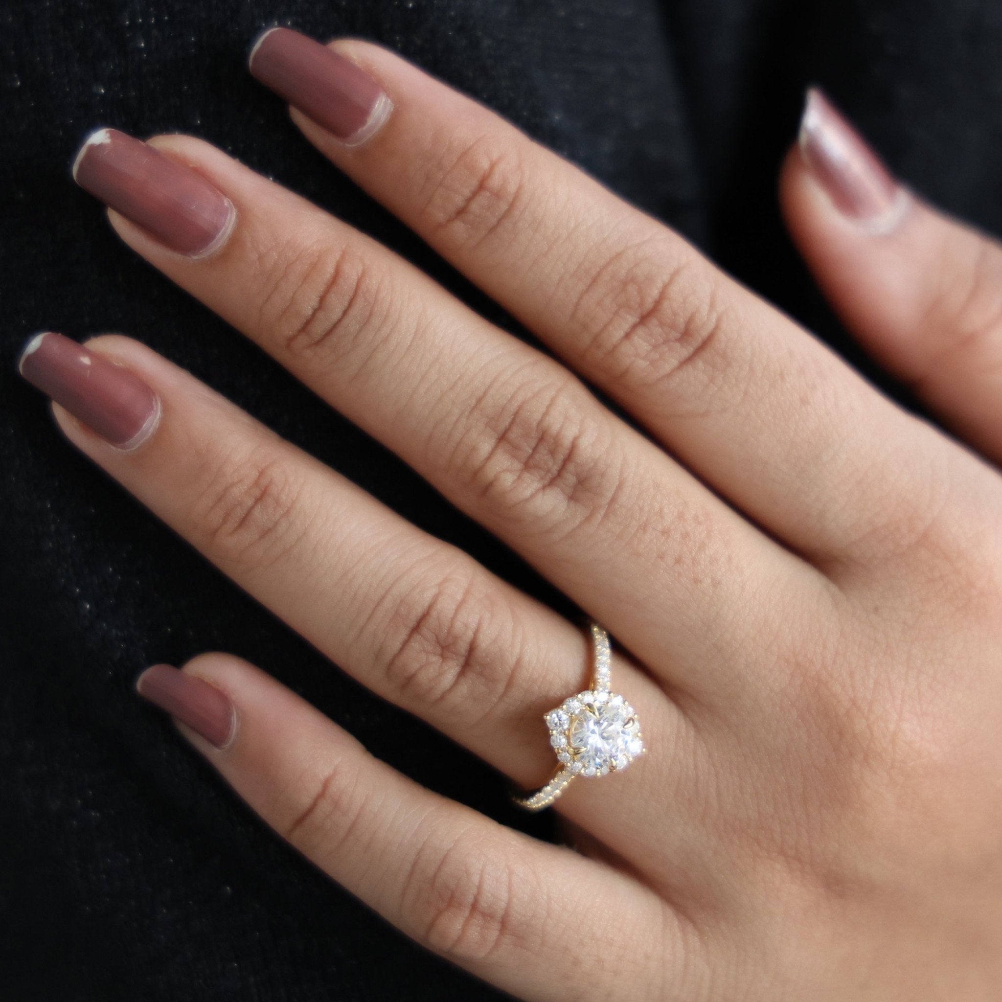 Dainty Floral Diamond Halo Pave Engagement Ring in 14K Solid Gold, 1.00 CT Round Cut Lab Diamond, Handmade Bridal Jewelry, Anniversary Gift for Her - Shoora Designs